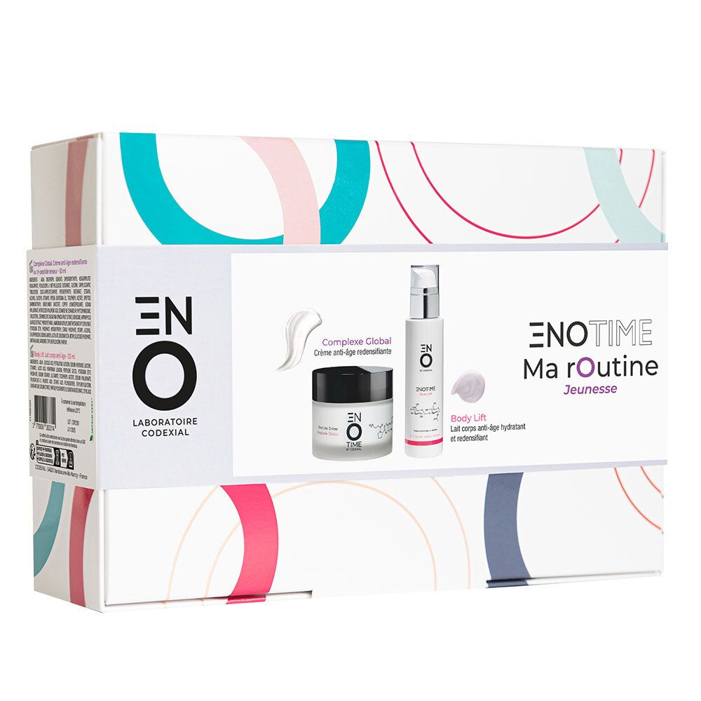 Coffret Enotime Ma Routine Jeunesse. Contient une crème et une lotion. Marque et informations visibles.