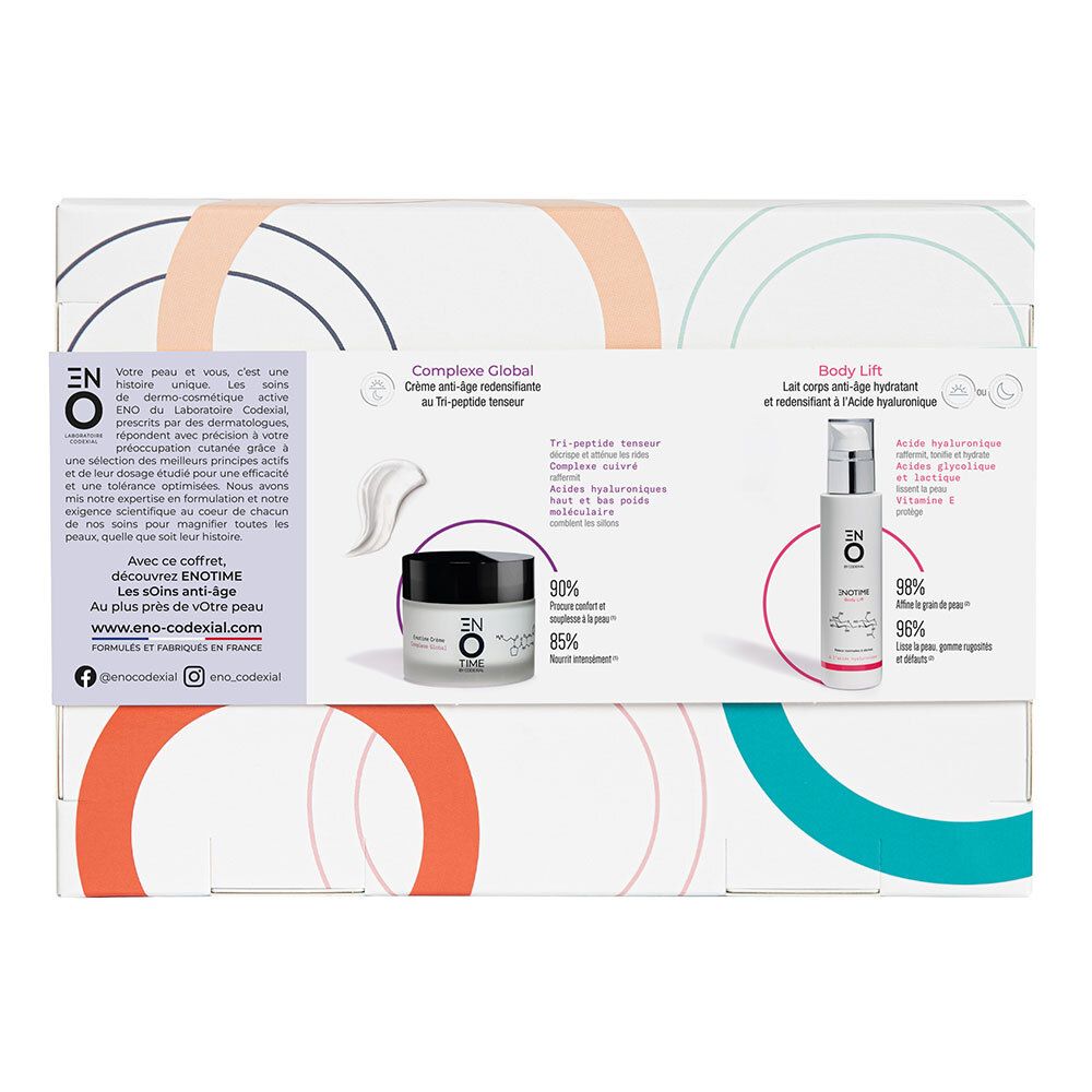Dos du coffret. Informations sur les produits, ingrédients et logos. Texte et détails visibles.