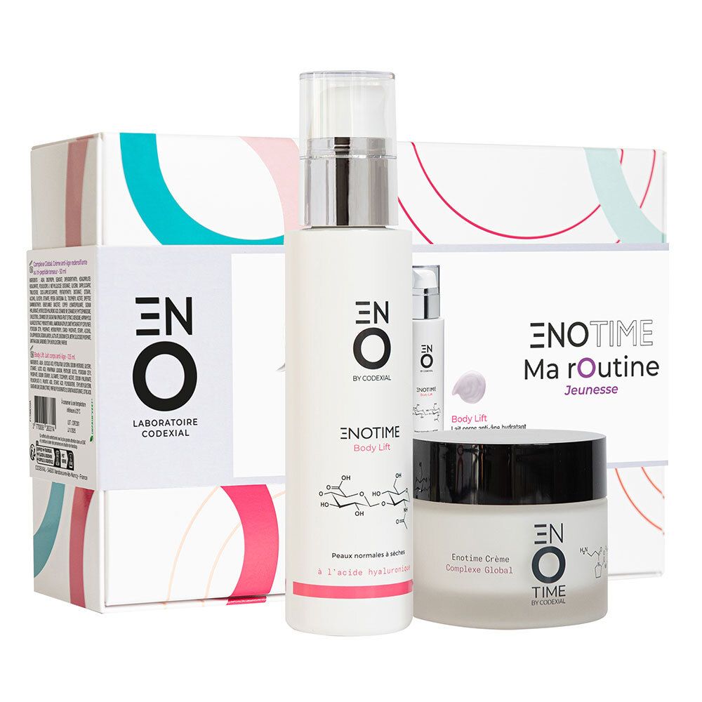 Coffret Enotime Ma Routine Jeunesse avec crème et lotion. Produits devant la boîte. Détails visibles.