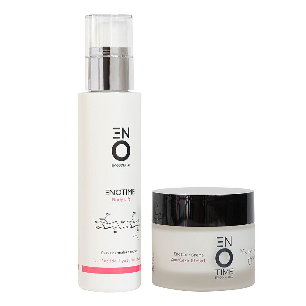 Deux produits : lotion et crème. Flacons blancs, bouchons noirs. Inscription : Enotime.