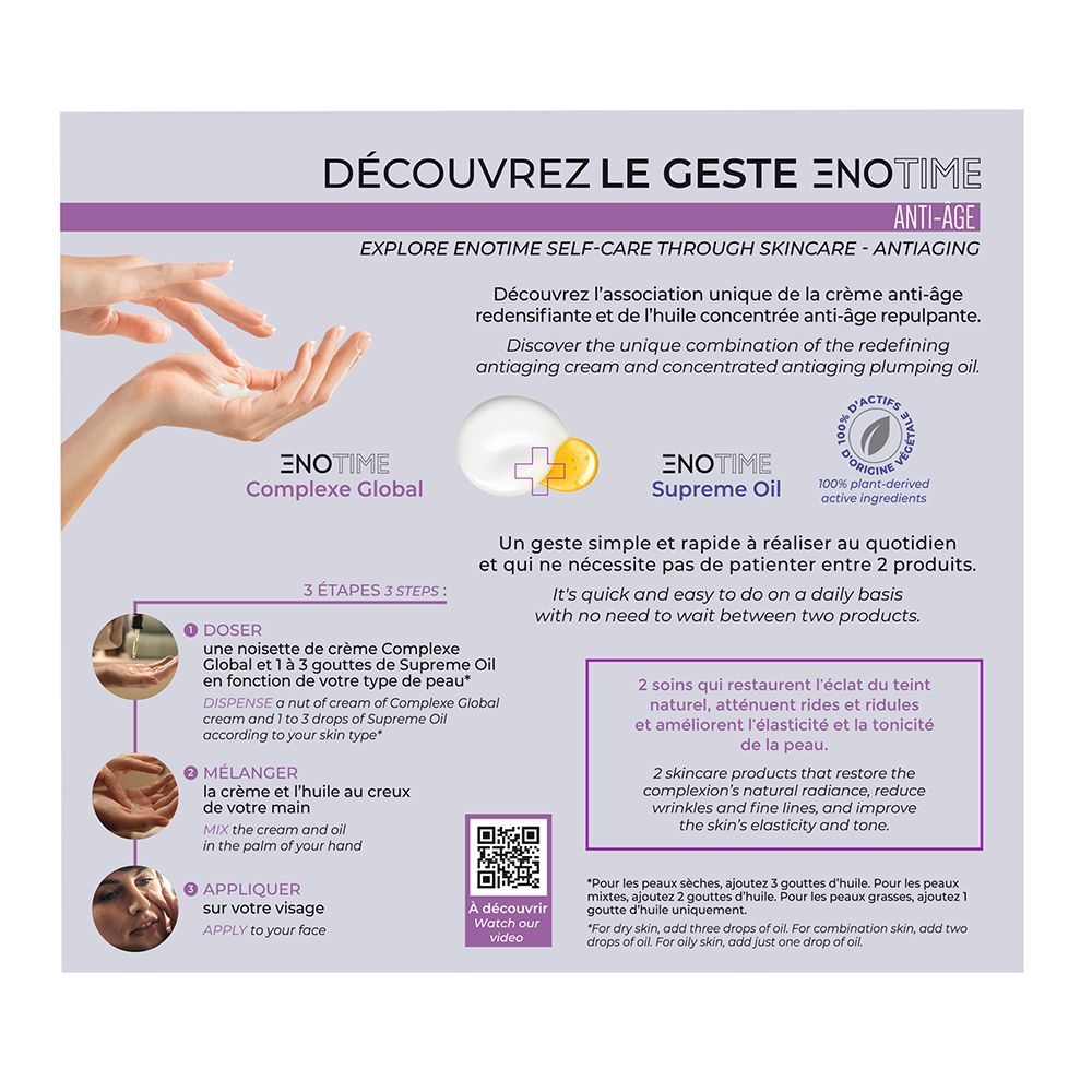 Infographie avec mains, crème et huile. Texte: Enotime, Complexe Global, Supreme Oil. 3 étapes. Code QR. Actifs 100% végétaux.