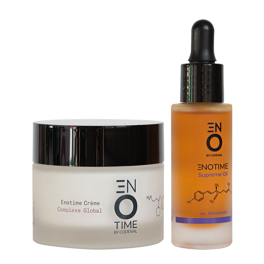 Pot de crème et flacon d'huile. Texte: Enotime, Complexe Global, Supreme Oil. Flacon pipette. Crème dans un pot.