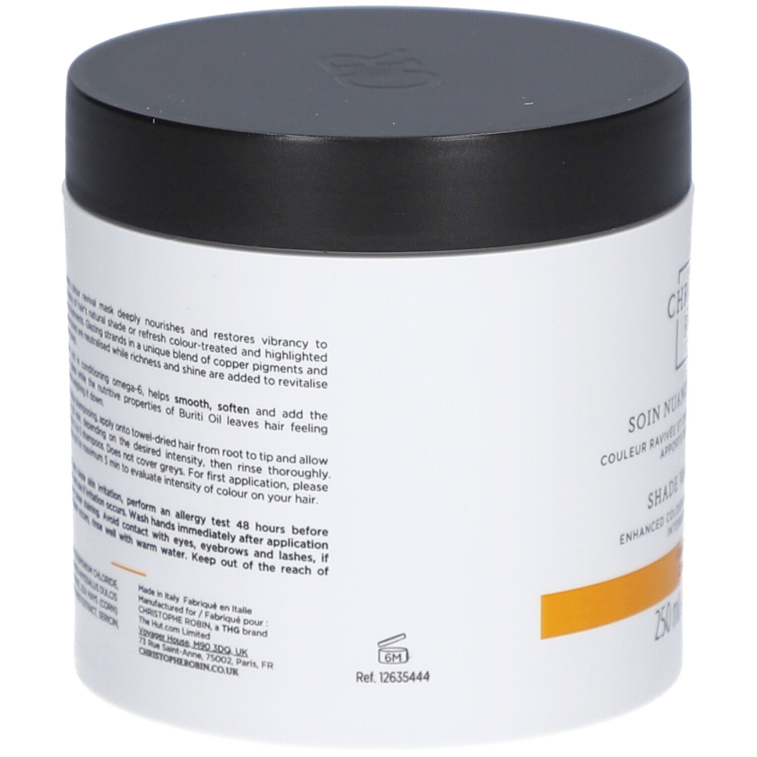 Weißes Tiegel mit schwarzem Deckel. Text auf der Seite.