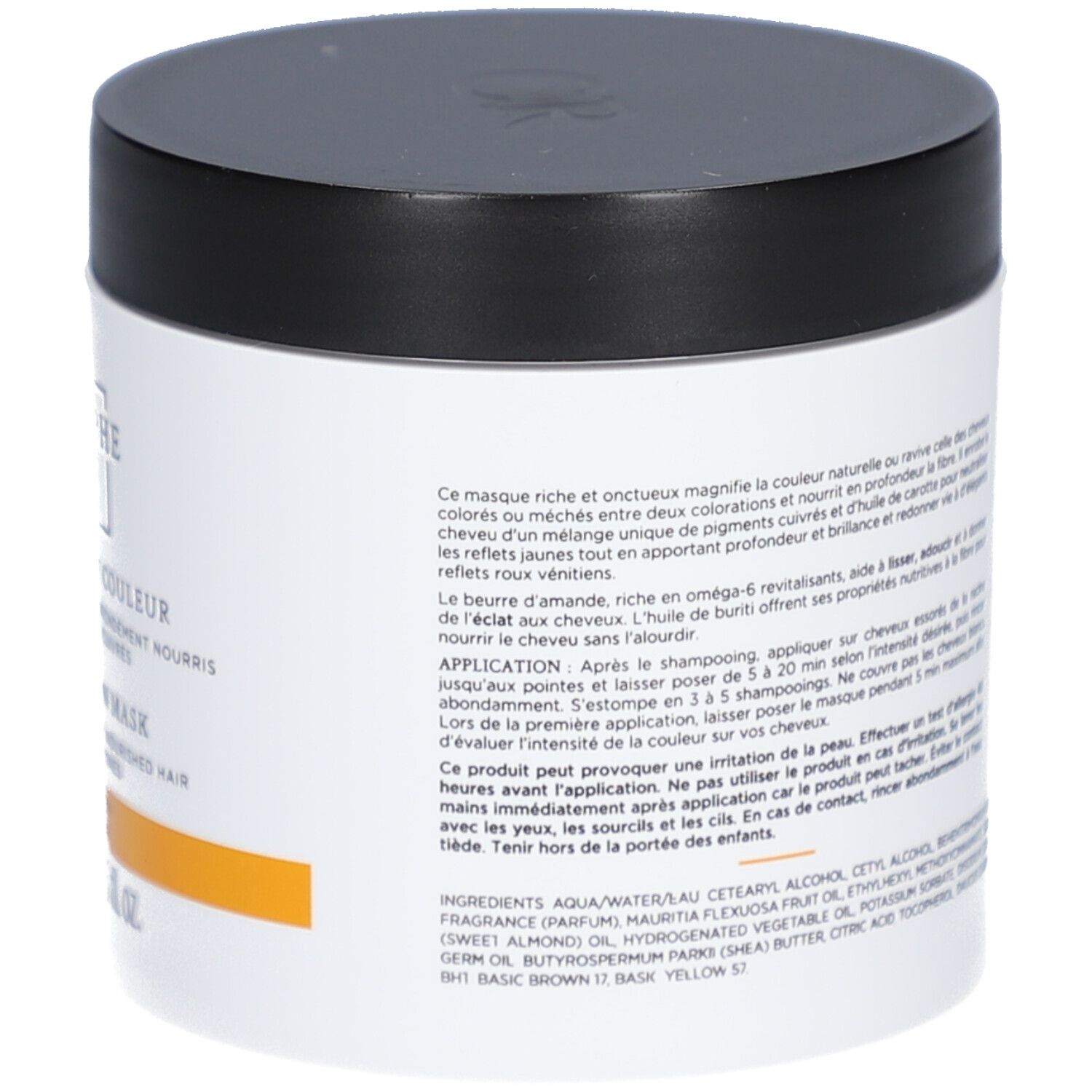 Weißes Tiegel mit schwarzem Deckel. Text auf der Seite.