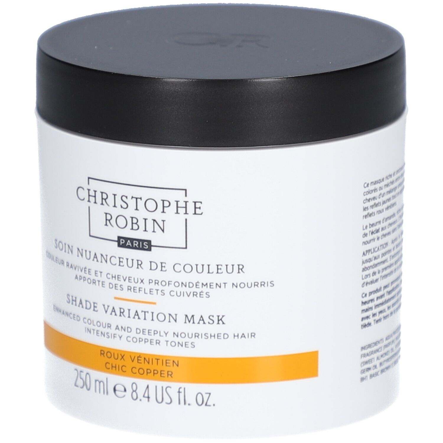 Weißes Tiegel mit schwarzem Deckel. Text: Christophe Robin, Shade Variation Mask, 250 ml.