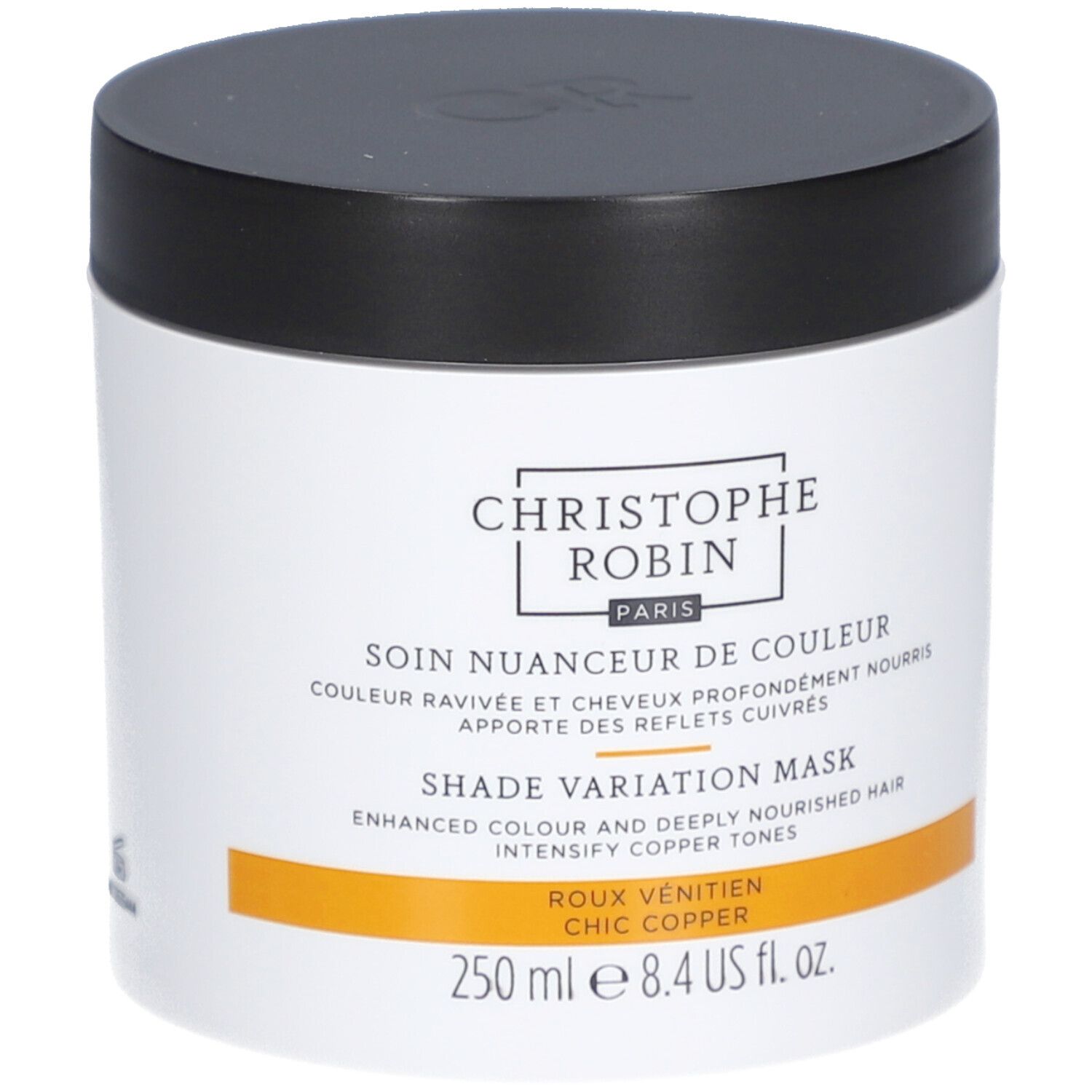 Weißes Tiegel mit schwarzem Deckel. Text: Christophe Robin, Shade Variation Mask, 250 ml.