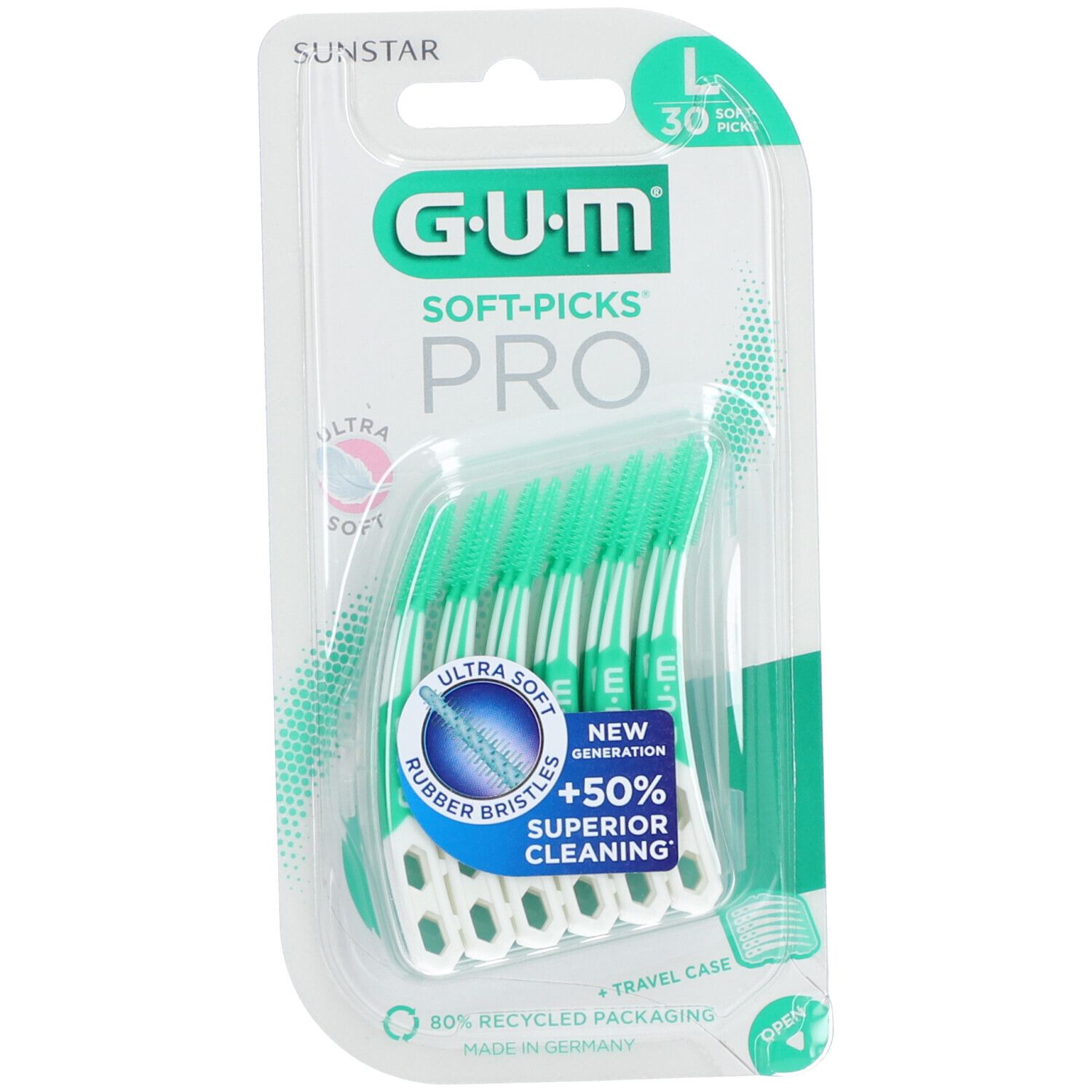 Paquet de GUM® SOFT-PICKS® Pro Large. Têtes de brosse vertes, manche blanc. Nom et logo du produit sur l'emballage.