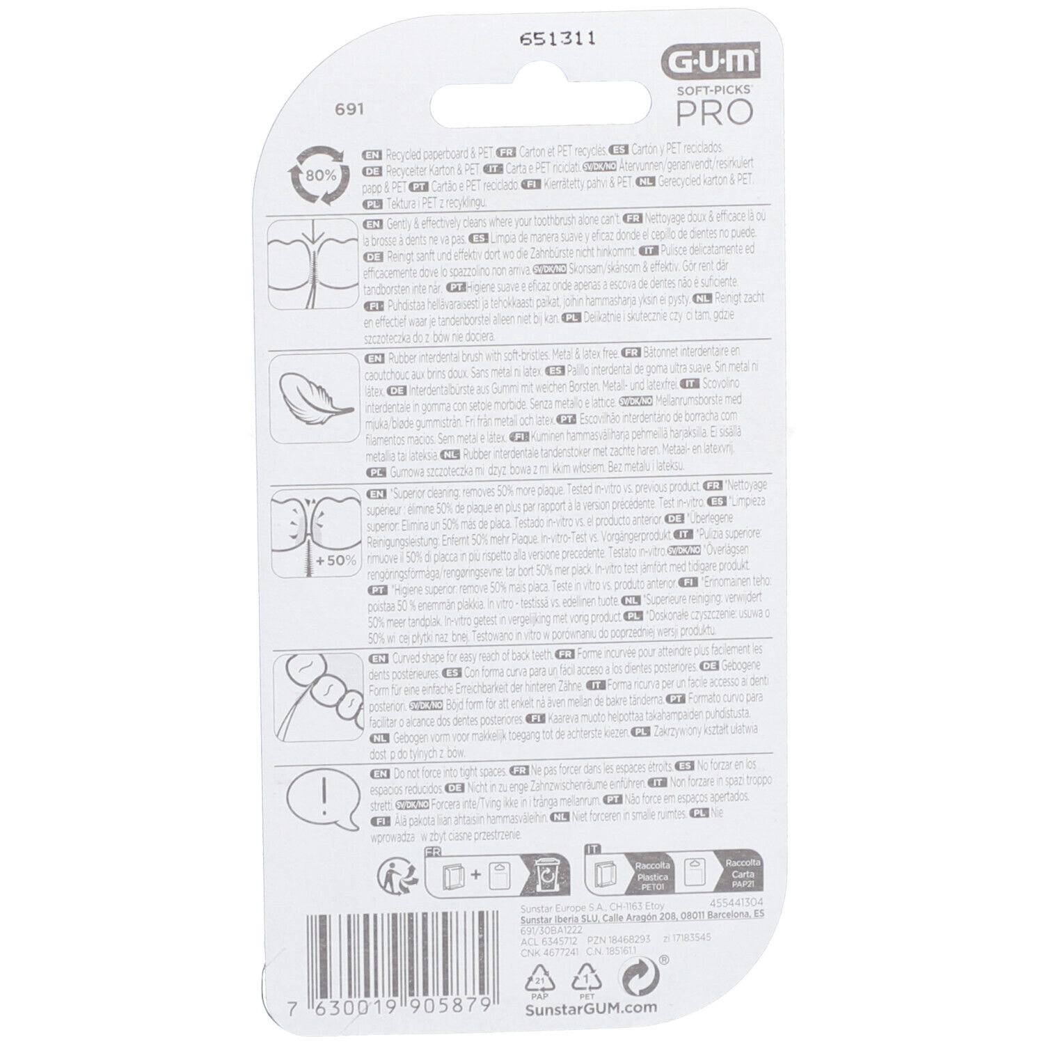 Dos de l'emballage GUM® SOFT-PICKS® Pro Large. Texte multilingue, illustrations et logos.