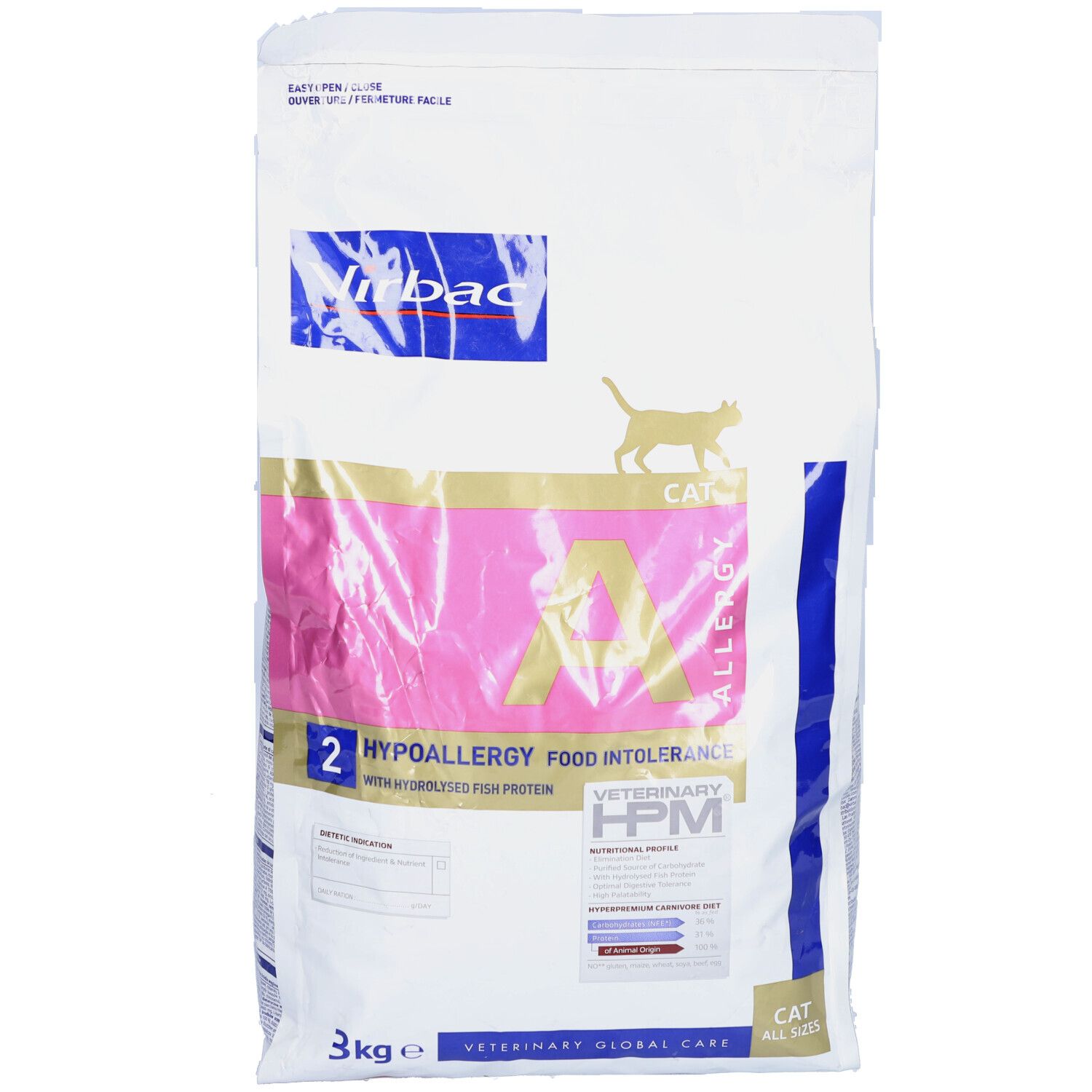 Virbac Veterinary HPM A2 Allergy. Katzenfutterbeutel mit rosa Akzenten. Enthält Text: "Hypoallergen". 3 kg.