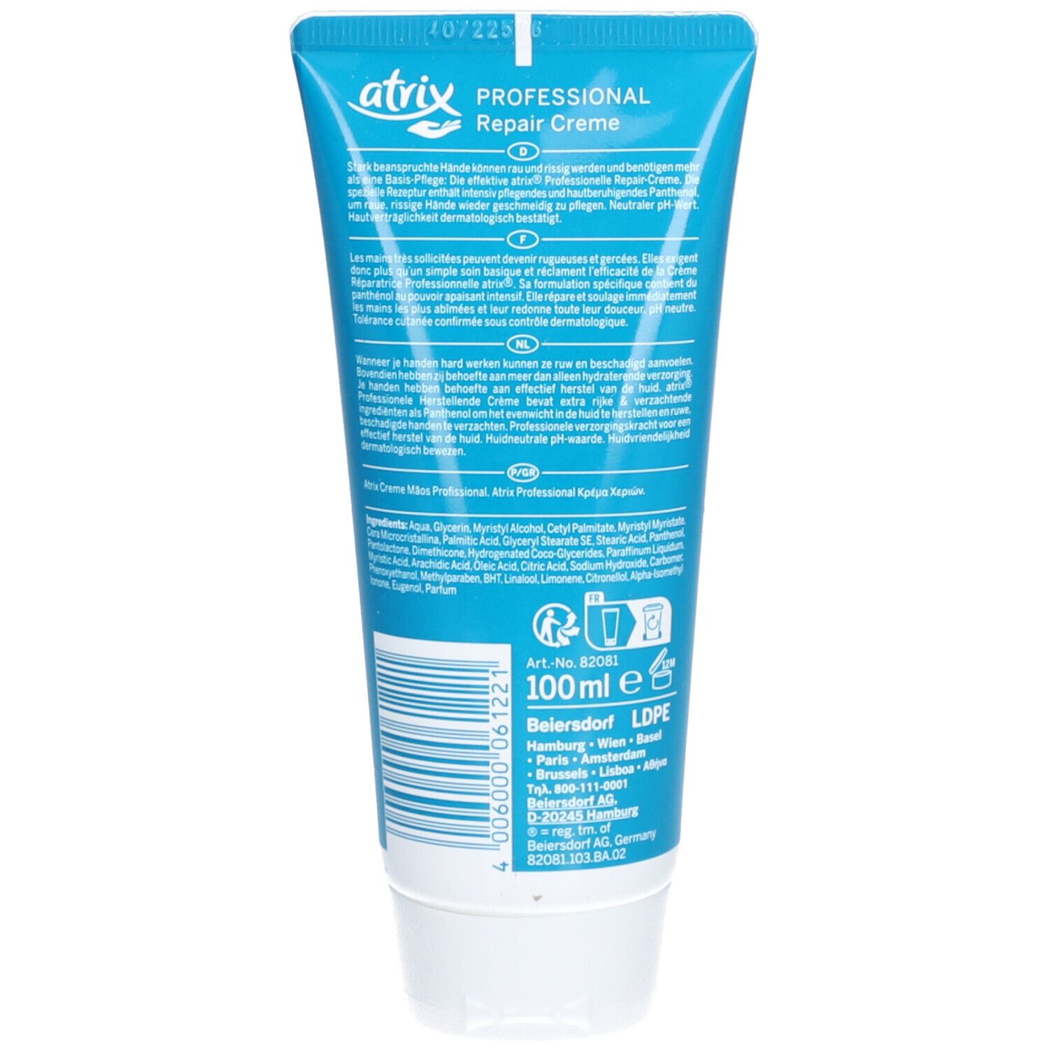 Dos du tube bleu. Texte en plusieurs langues. Inscription: atrix PROFESSIONAL Repair Crème. Ingrédients et informations du fabricant.