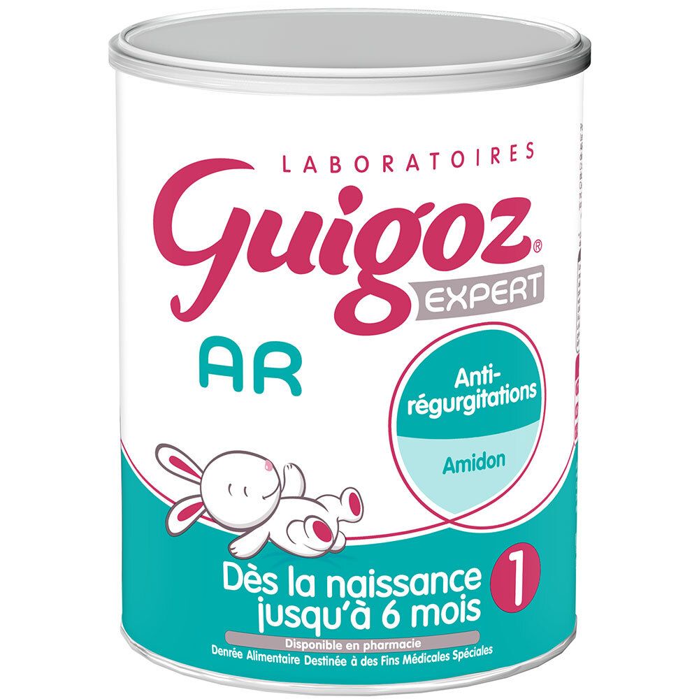 Boîte cylindrique avec couvercle. Inscription: Guigoz Expert AR, Anti-régurgitations, 1. Dès la naissance jusqu'à 6 mois. Lapin dessiné.