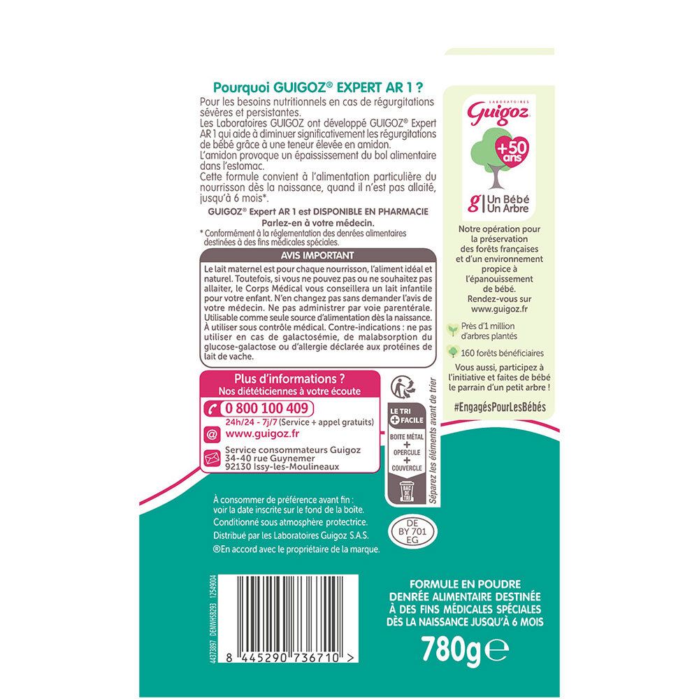 Dos de la boîte. Texte: Pourquoi Guigoz Expert AR ? Informations, contact, code-barres, logo arbre, 780g. Pour bébés 0-6 mois.