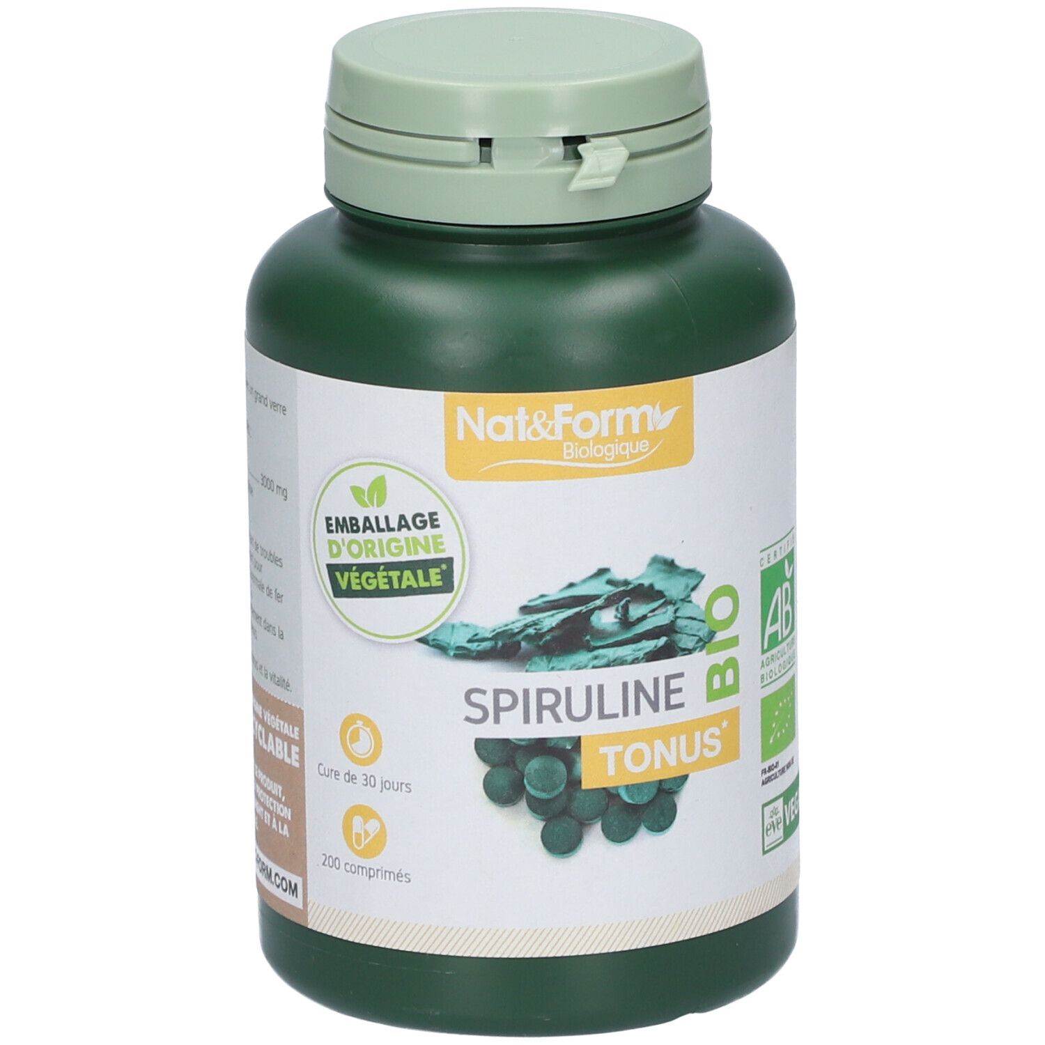 Grüne Flasche mit Spiruline Bio Tonus. Label mit Logo, Text und Zertifizierungen. Deckel hellgrün.