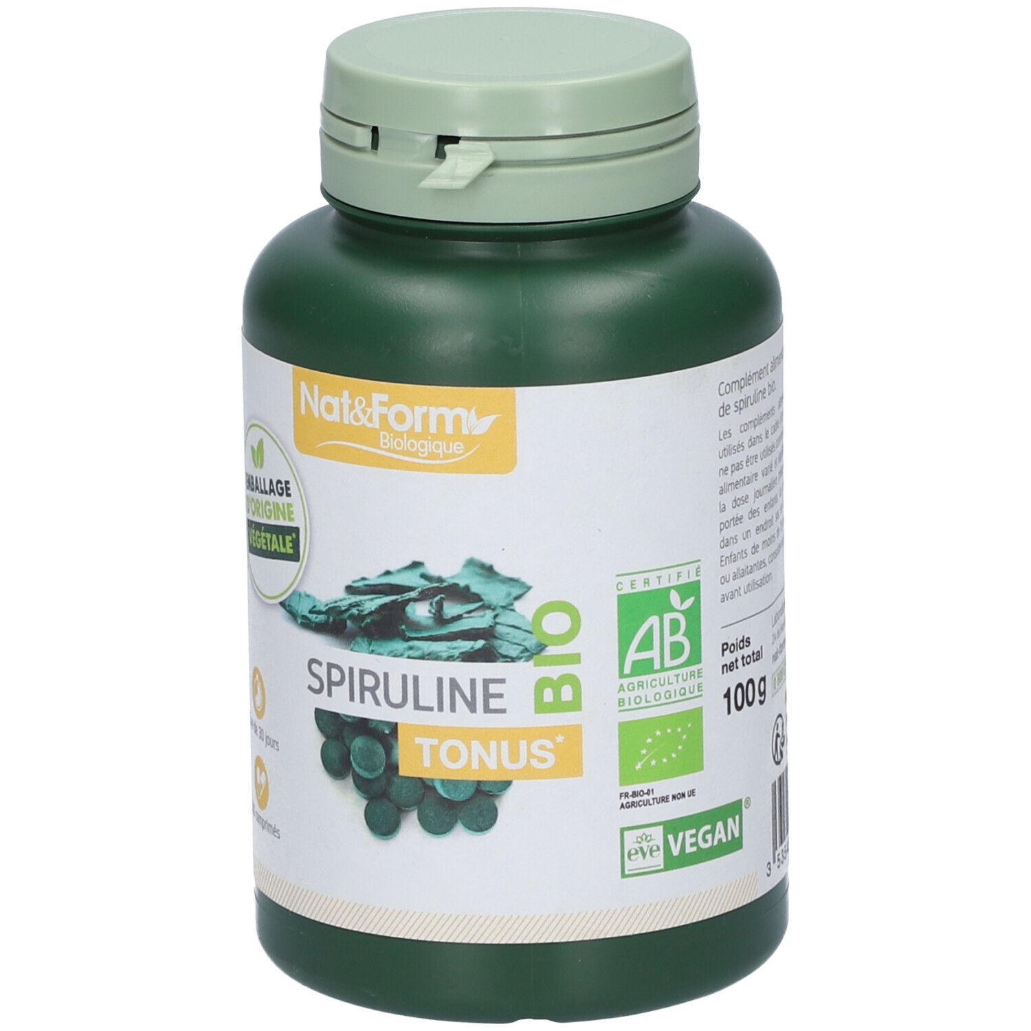 Grüne Flasche mit Spiruline Bio Tonus. Label mit Logo, Text, Zertifizierungen und Gewichtsangabe: 100g. Deckel hellgrün.