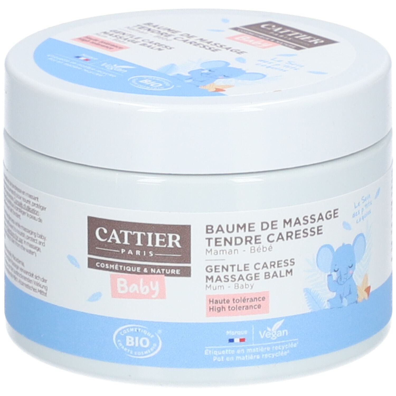Pot blanc avec couvercle bleu. Inscription: CATTIER, BAUME DE MASSAGE TENDRE CARESSE, Baby. Avec label bio et illustration.
