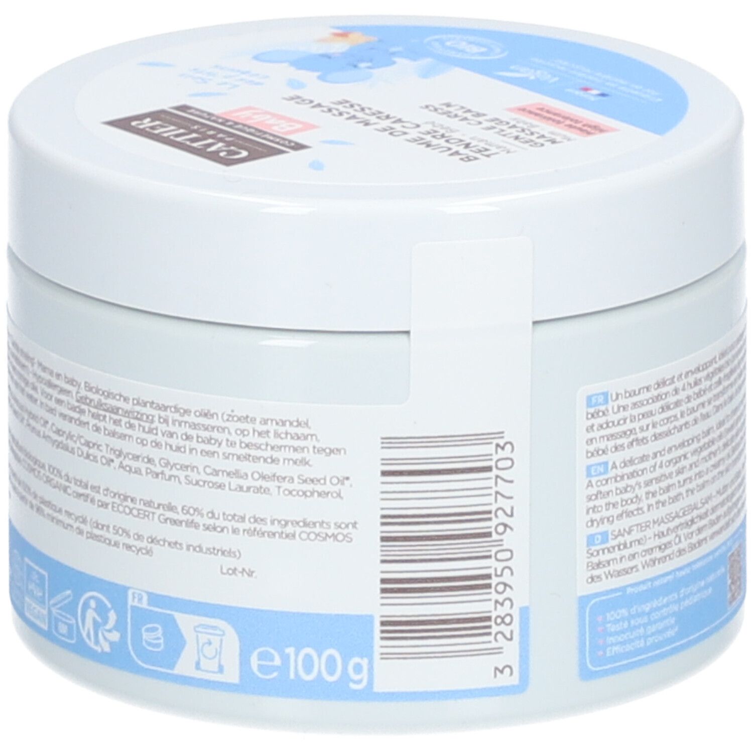 Pot blanc avec couvercle bleu. Inscription: CATTIER, BAUME DE MASSAGE TENDRE CARESSE. Avec indication de poids: 100g. Label bio.