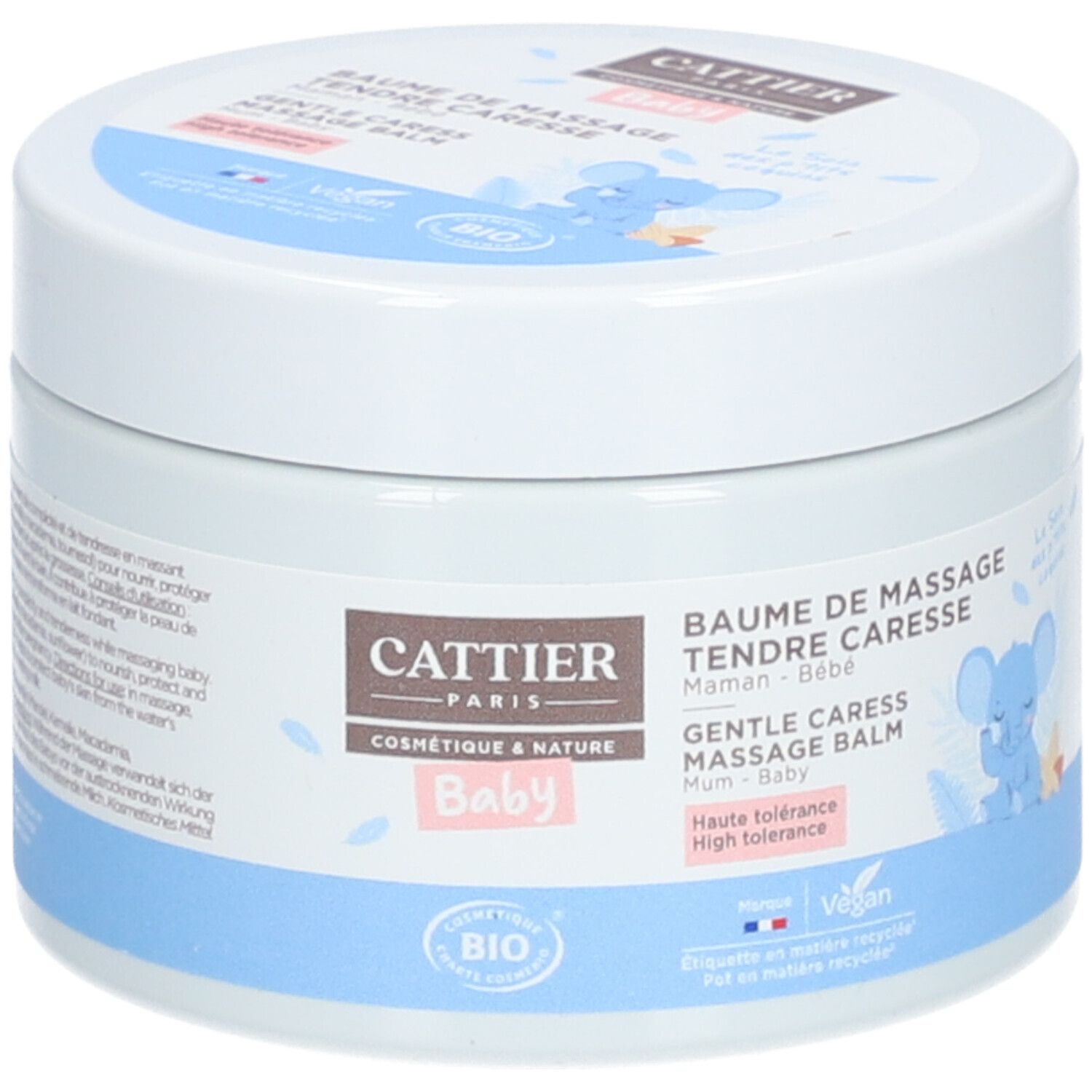 Pot blanc avec couvercle bleu. Inscription: CATTIER, BAUME DE MASSAGE TENDRE CARESSE, Baby. Avec label bio et illustration.