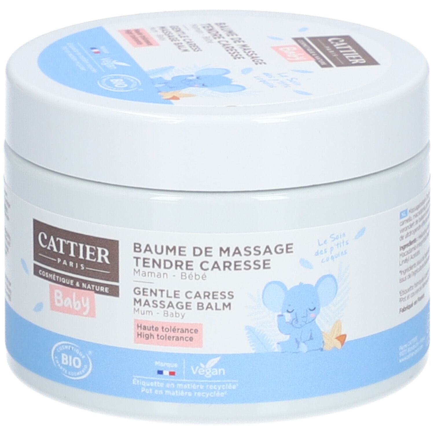 Pot blanc avec couvercle bleu. Inscription: CATTIER, BAUME DE MASSAGE TENDRE CARESSE, Baby. Avec label bio et illustration.