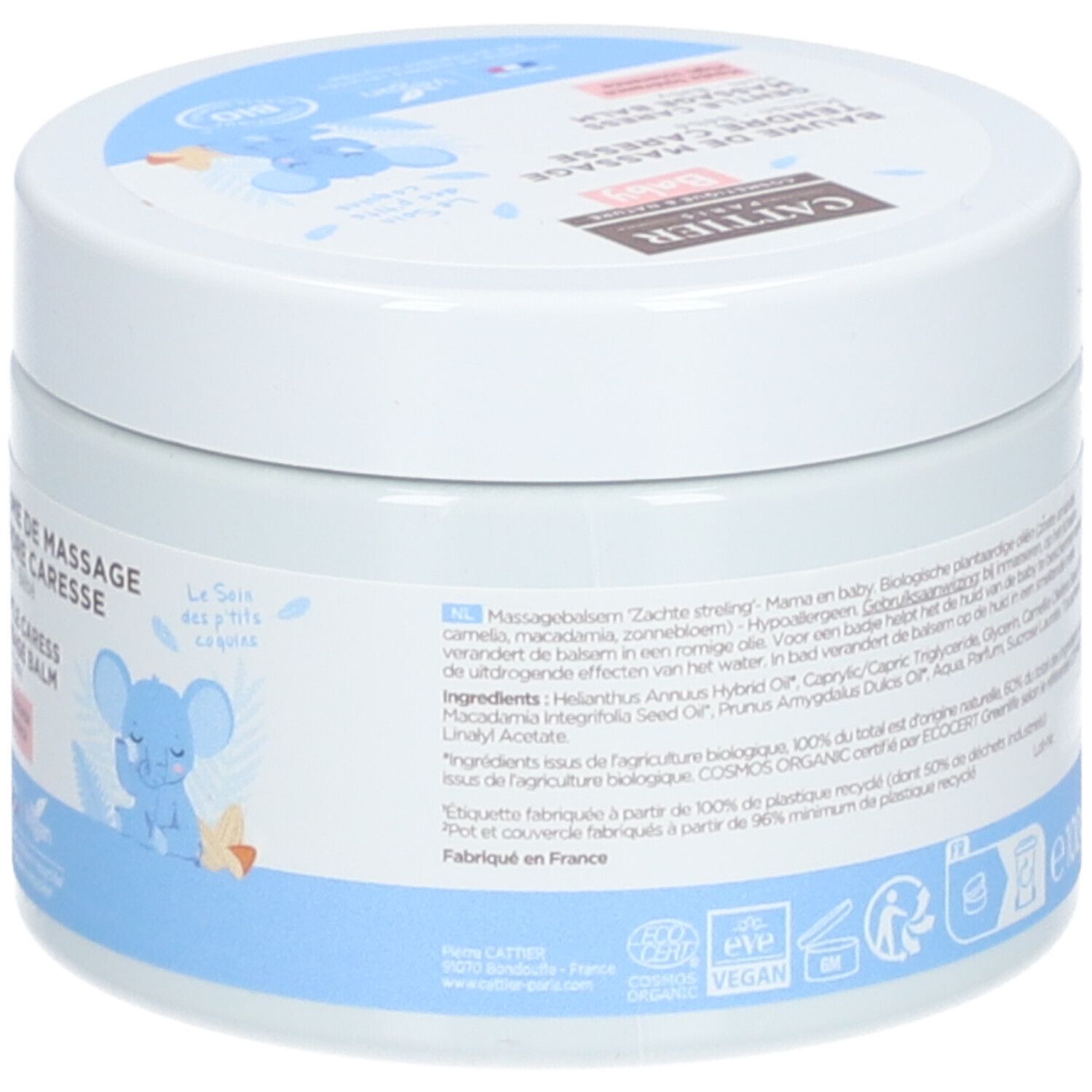 Dos du pot blanc. Texte multilingue. Avec illustration et label bio. Logo vegan.