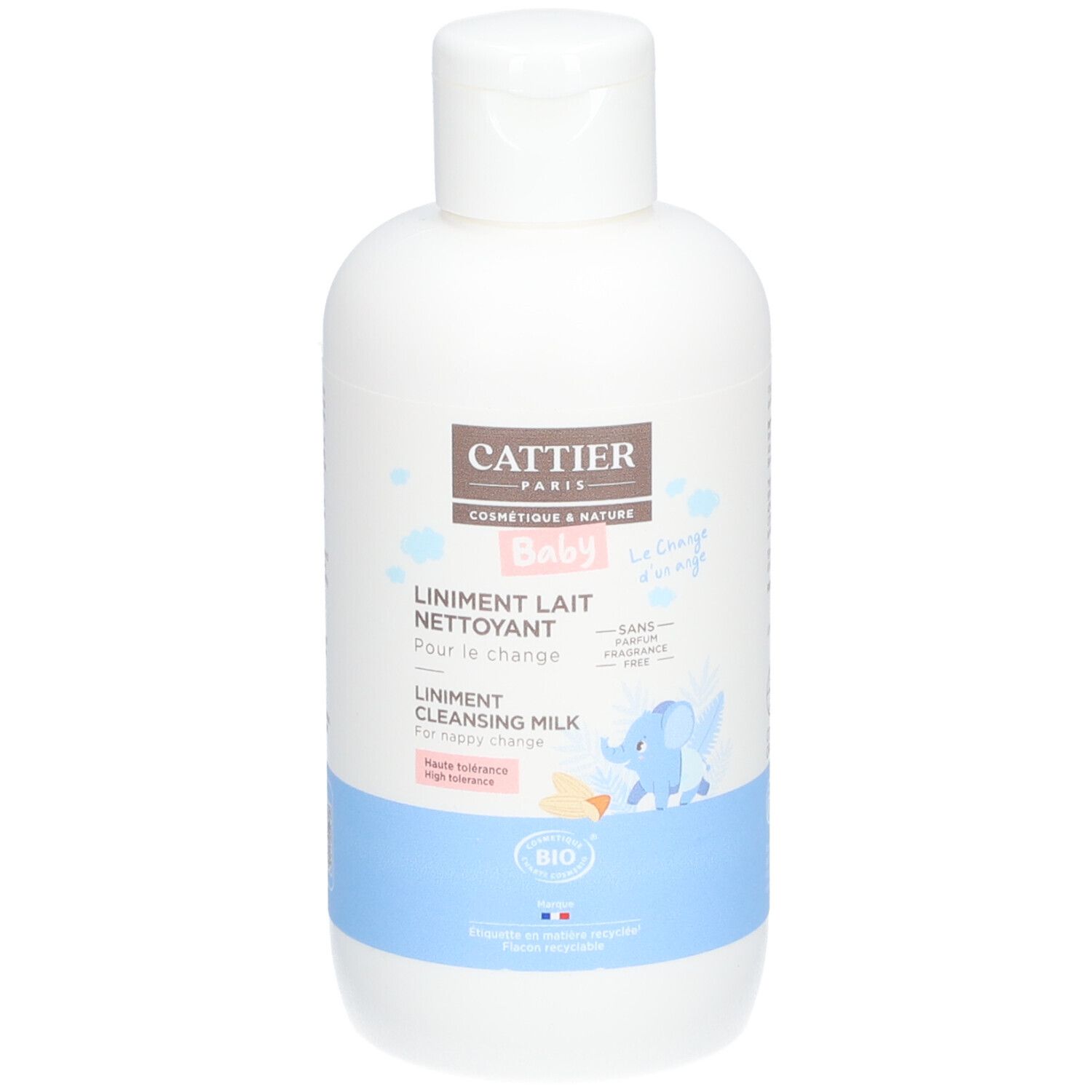 Witte fles met blauwe band. Opschrift: CATTIER PARIS, BABY, Liniment Lait Nettoyant, Bio-certificering. Illustratie van een olifant.