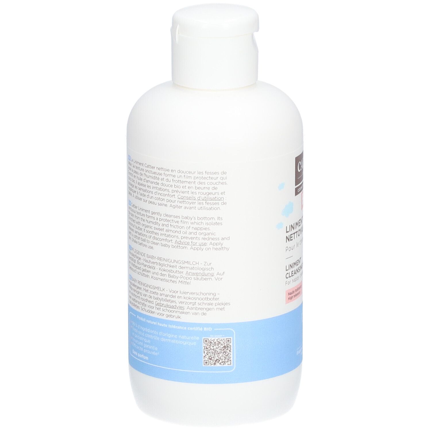 Achterkant van de witte fles. Tekst in meerdere talen. Blauwe band onderaan. QR-code en informatie.