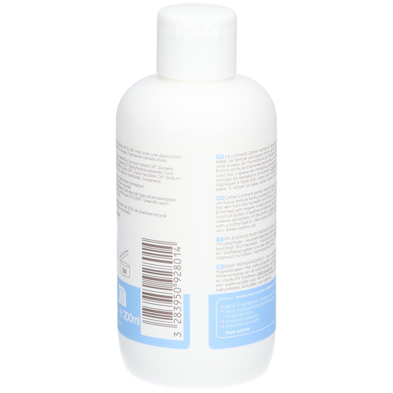 Achterkant van de witte fles. Tekst in meerdere talen. Blauwe band onderaan. Volume: 200ml.