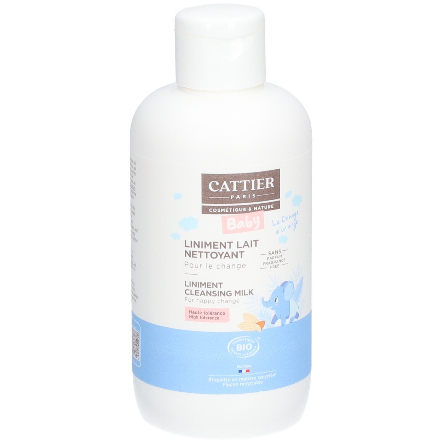 Witte fles met blauwe band. Opschrift: CATTIER PARIS, BABY, Liniment Lait Nettoyant, Bio-certificering. Illustratie van een olifant.