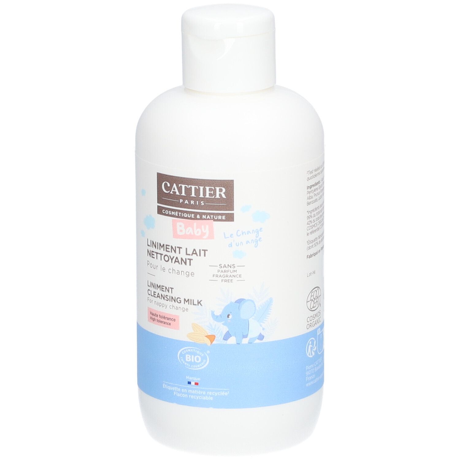 Witte fles met blauwe band. Opschrift: CATTIER PARIS, BABY, Liniment Lait Nettoyant, Bio-certificering. Illustratie van een olifant.