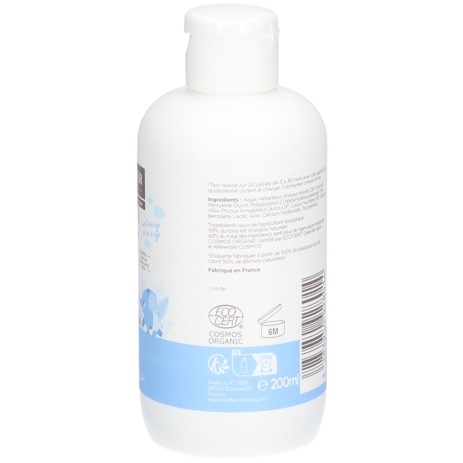 Achterkant van de witte fles. Tekst in meerdere talen. Blauwe band onderaan. Logo's, volume: 200ml.