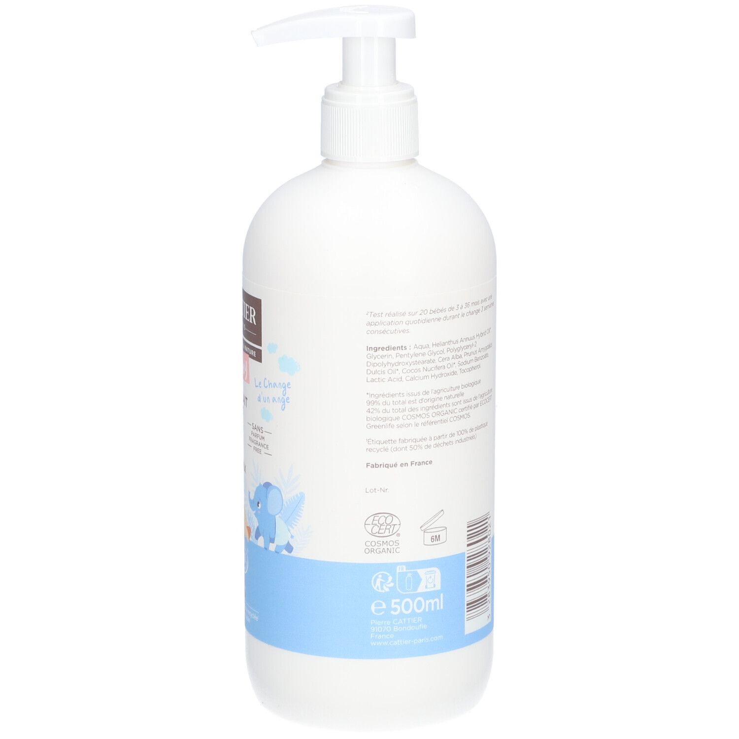 Dos du flacon blanc. Texte multilingue. Label Bio, volume 500ml et Fabriqué en France.