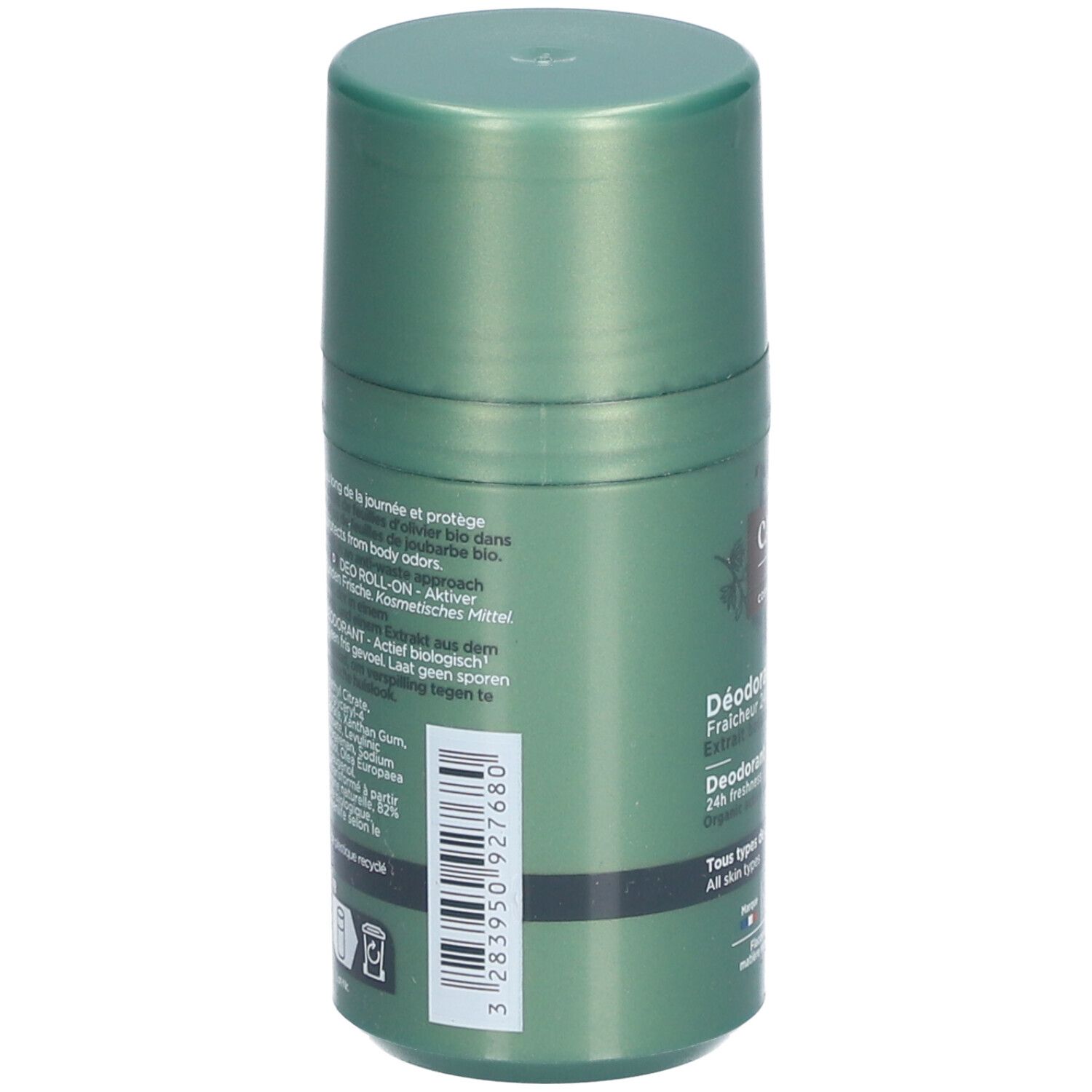 Grüner Roll-on-Deodorant für Männer. Rückseite mit Text und Barcode. Vegan-Siegel und BIO-Zertifizierung.