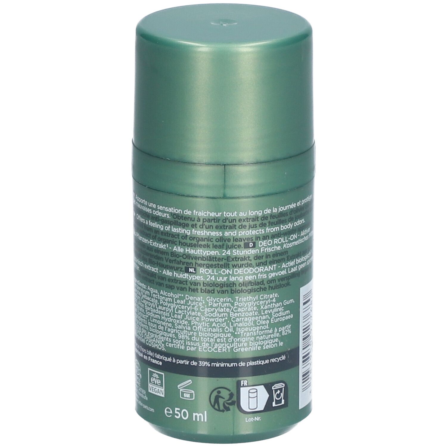 Grüner Roll-on-Deodorant für Männer. Rückseite mit Text, Inhaltsstoffen und Recycling-Symbolen. BIO-Zertifizierung.