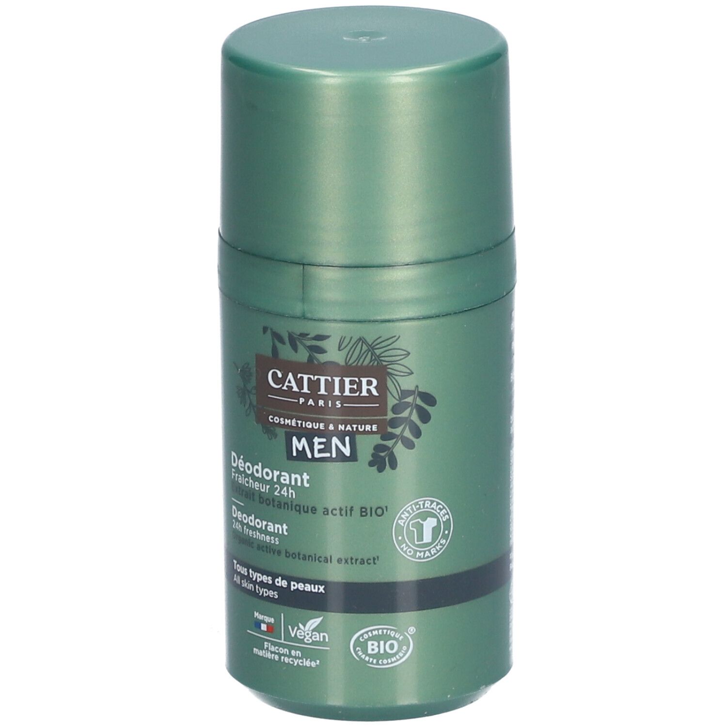 Grüner Roll-on-Deodorant für Männer. Aufschrift: CATTIER, MEN, Déodorant, 24h Frische, BIO. Vegan-Siegel.