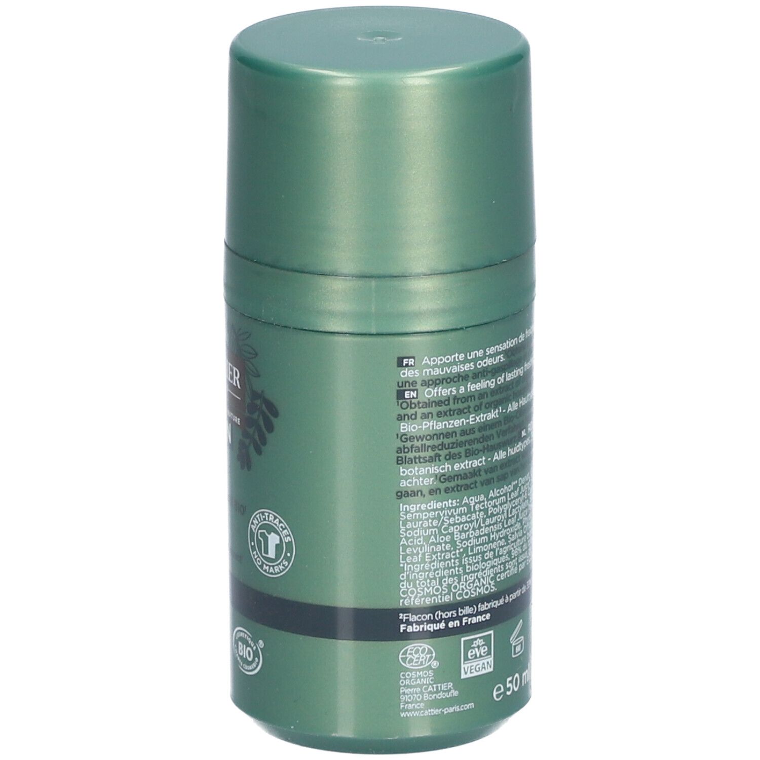Grüner Roll-on-Deodorant für Männer. Rückseite mit Text, Inhaltsstoffen und BIO-Zertifizierung. Vegan-Siegel.