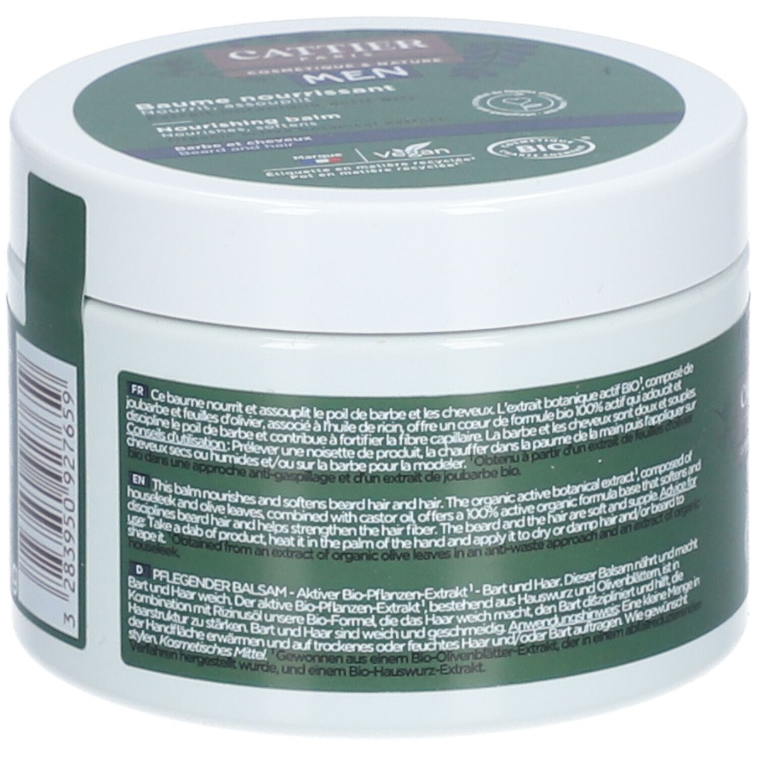 Weißer Tiegel mit grünem Etikett. Text: Baume nourrissant, Barbe et cheveux. Vegan-Logo. Rückseite mit Text in mehreren Sprachen.