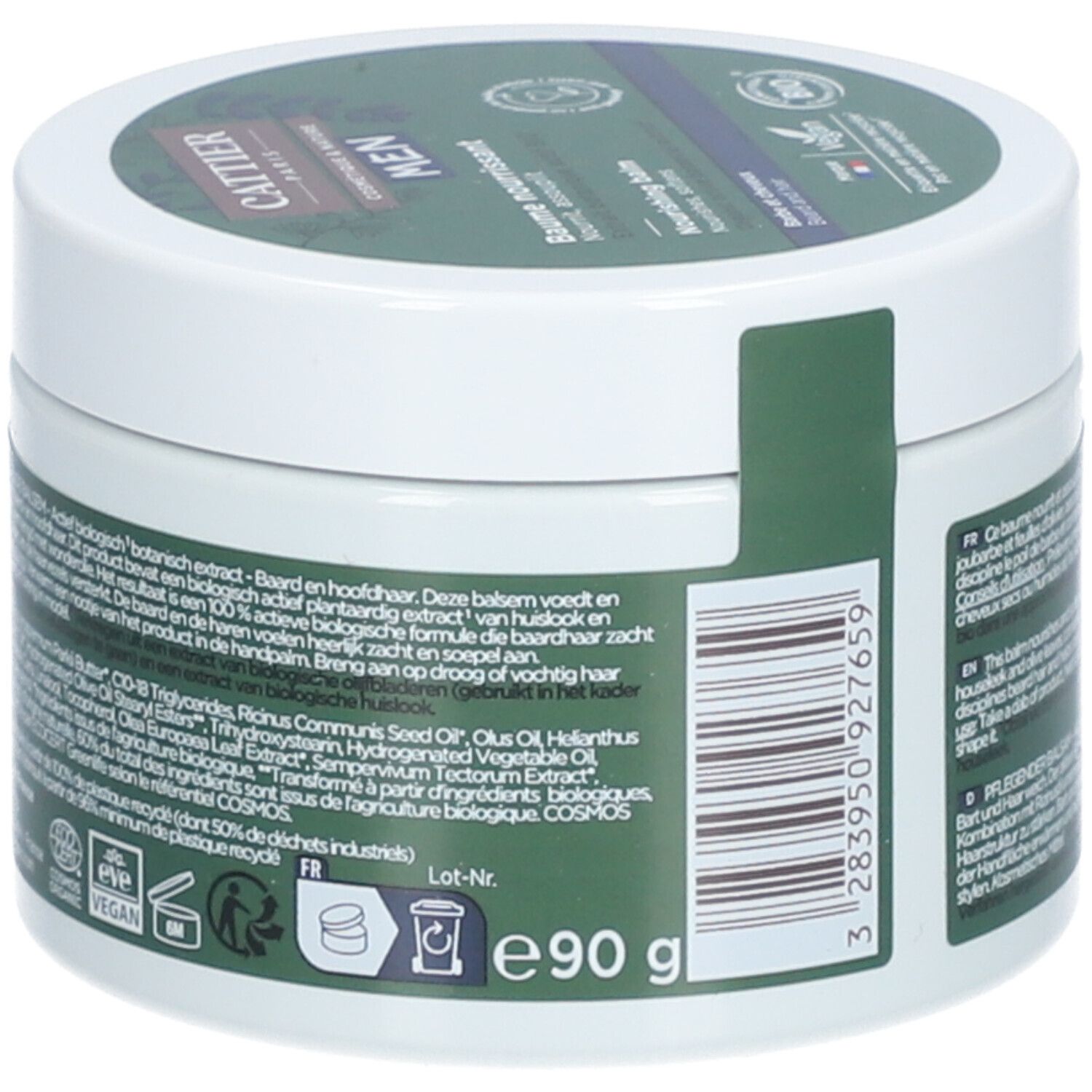 Weißer Tiegel mit grünem Etikett. Aufschrift: e90 g. Recycling-Symbol. Inhaltsstoffe und Herstellerinformationen auf der Rückseite.