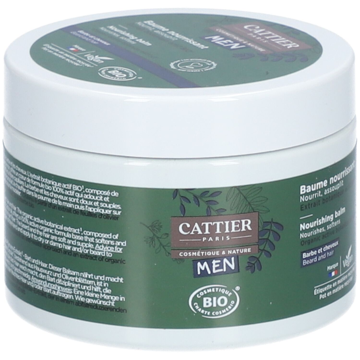 Weißer Tiegel mit grünem Etikett. Aufschrift: CATTIER PARIS, MEN, COSMETIQUE & NATURE, BIO. Vegan-Logo. Deckel mit Aufschrift.