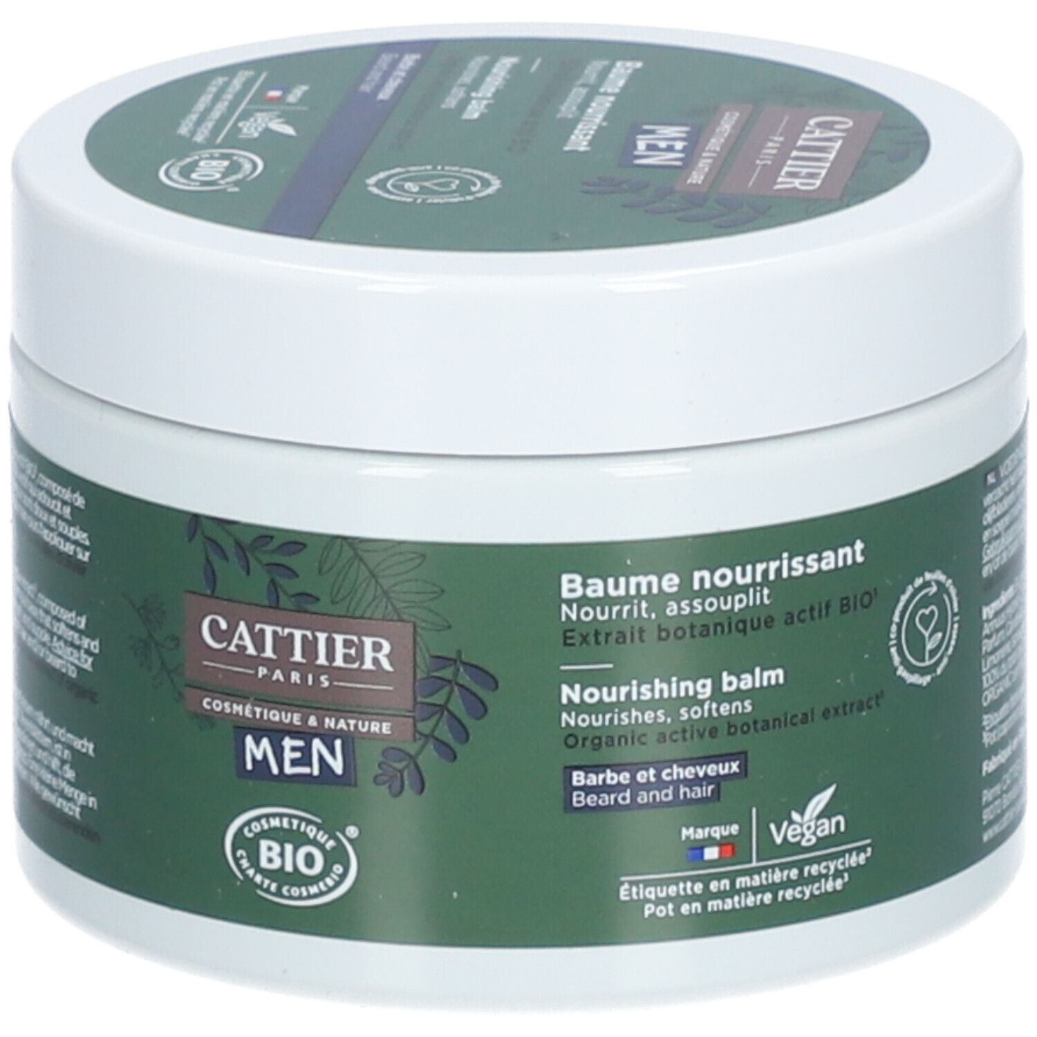 Weißer Tiegel mit grünem Etikett. Aufschrift: CATTIER PARIS, MEN, COSMETIQUE & NATURE, BIO. Vegan-Logo. Deckel mit Aufschrift.
