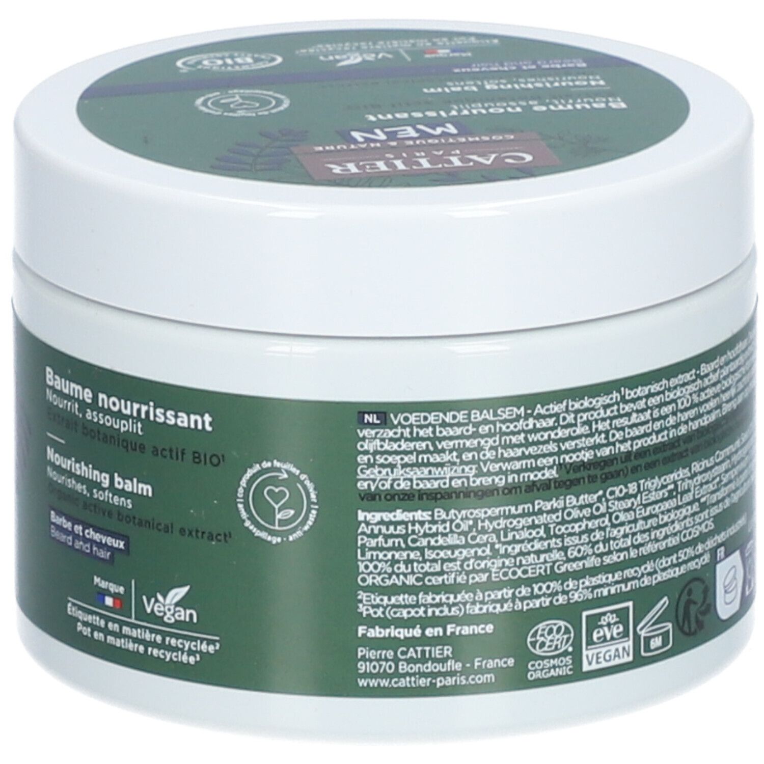 Weißer Tiegel mit grünem Etikett. Aufschrift: Baume nourrissant, Nourrit, assouplit. Vegan-Logo. Herstellerinformationen und Inhaltsstoffe.