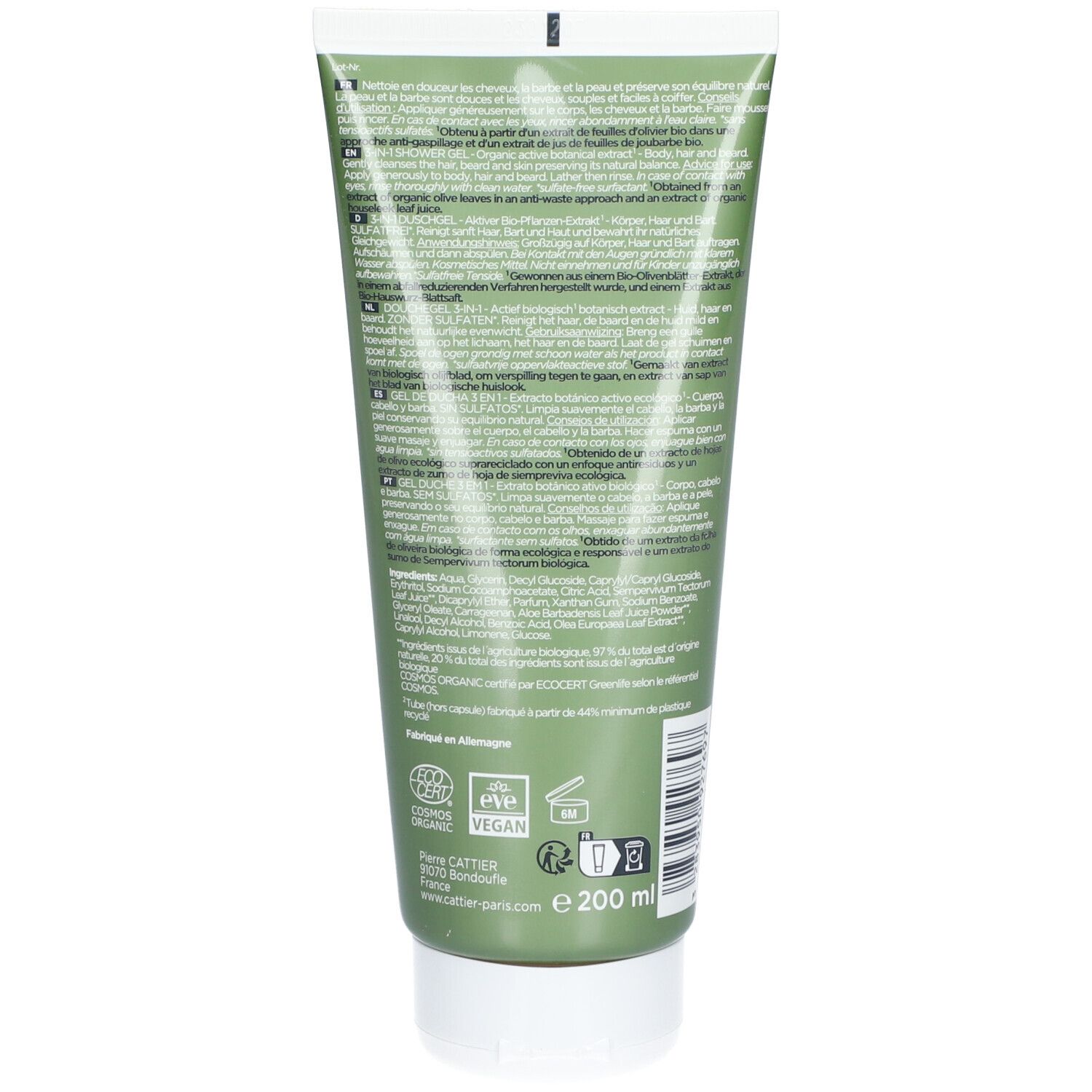 Dos du tube vert. Texte multilingue. Certification bio, logo Vegan. Volume : 200 ml.