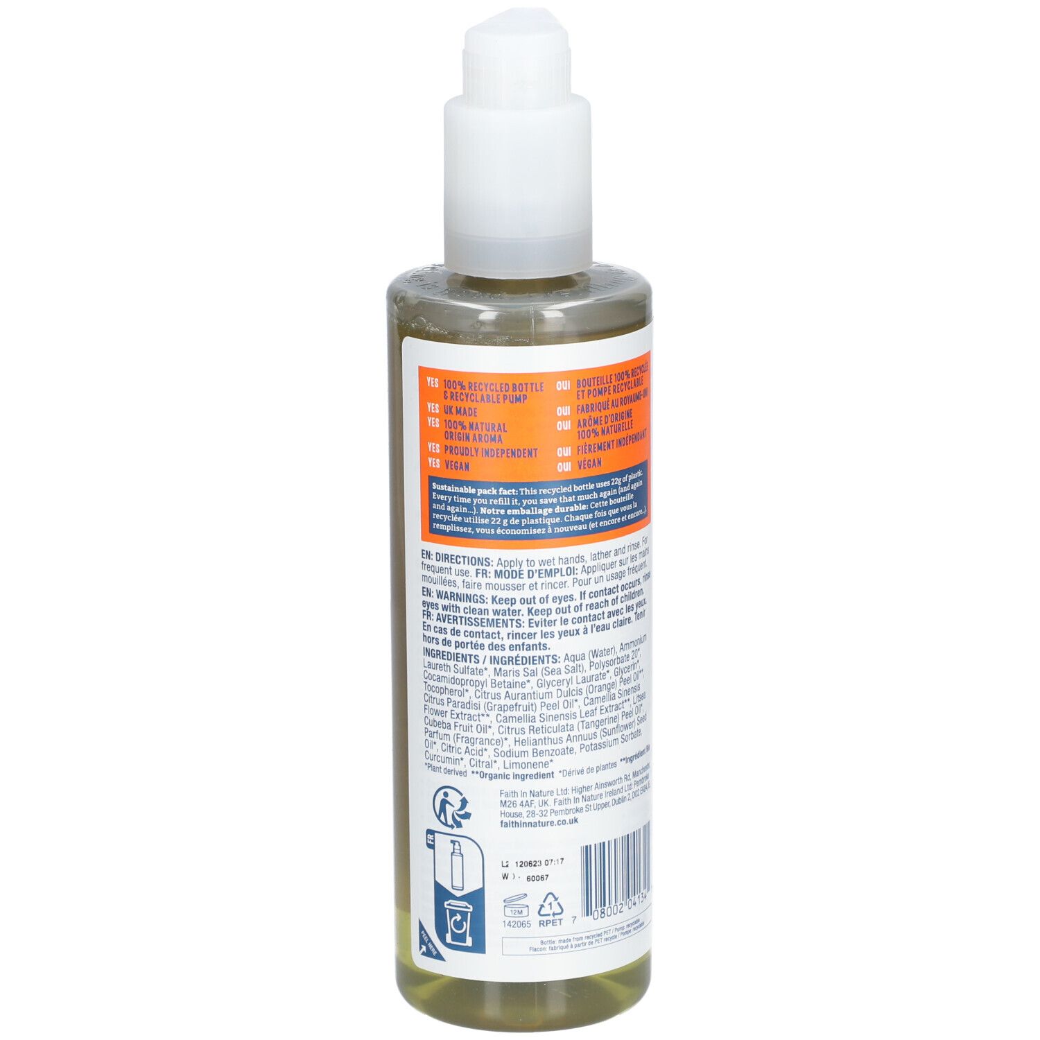 Achterkant fles vloeibare zeep. Tekst: 100% recyclebare fles, vegan, ingrediënten.