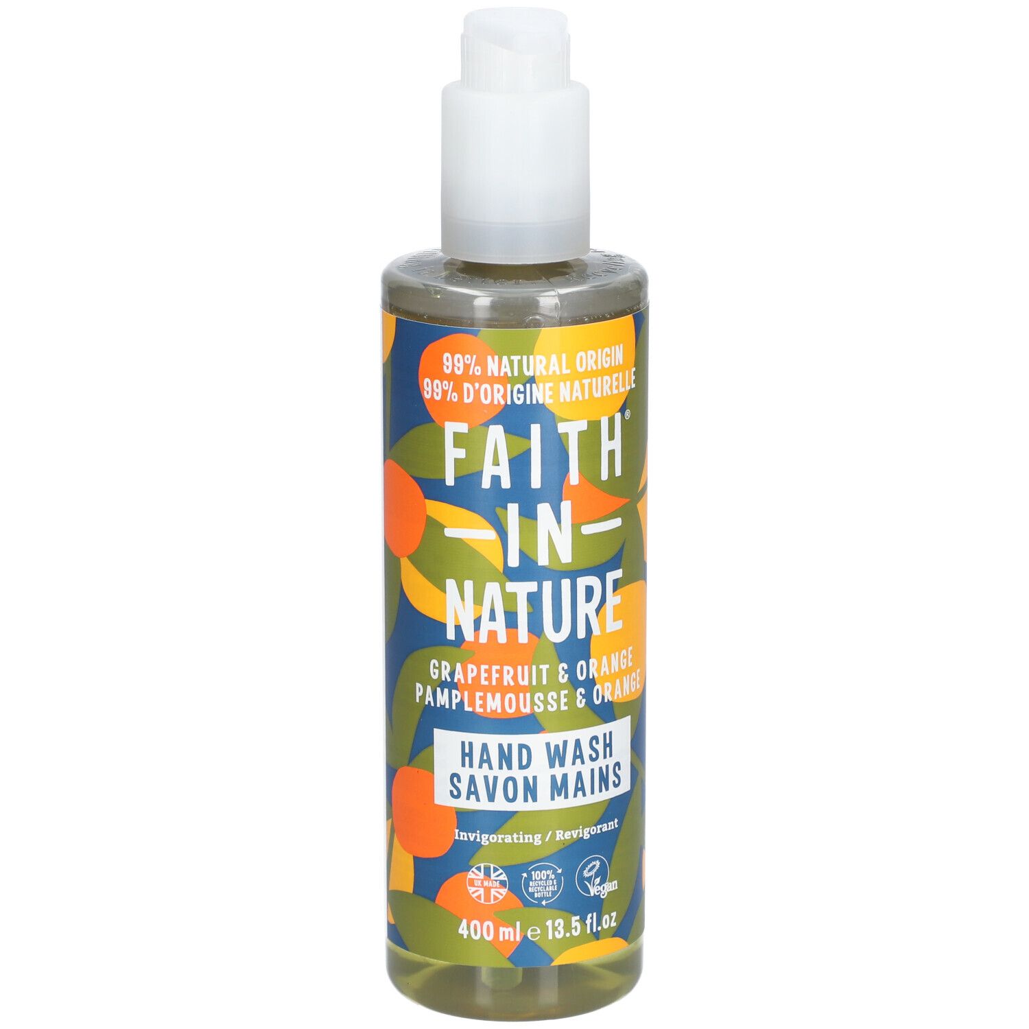 Fles vloeibare zeep Faith in Nature, grapefruit & sinaasappel, met pomp. Inhoud: 400 ml.