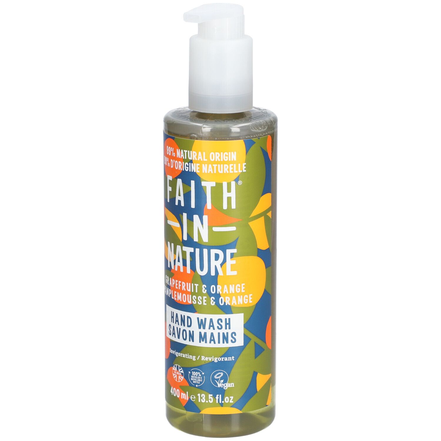 Fles vloeibare zeep Faith in Nature, grapefruit & sinaasappel, met pomp. Inhoud: 400 ml.