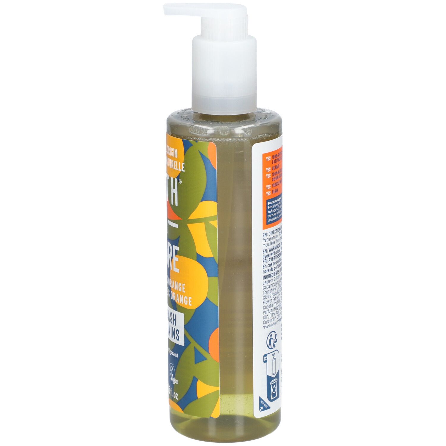 Zijkant fles vloeibare zeep. Tekst: Faith in Nature, grapefruit & sinaasappel. Met pomp.