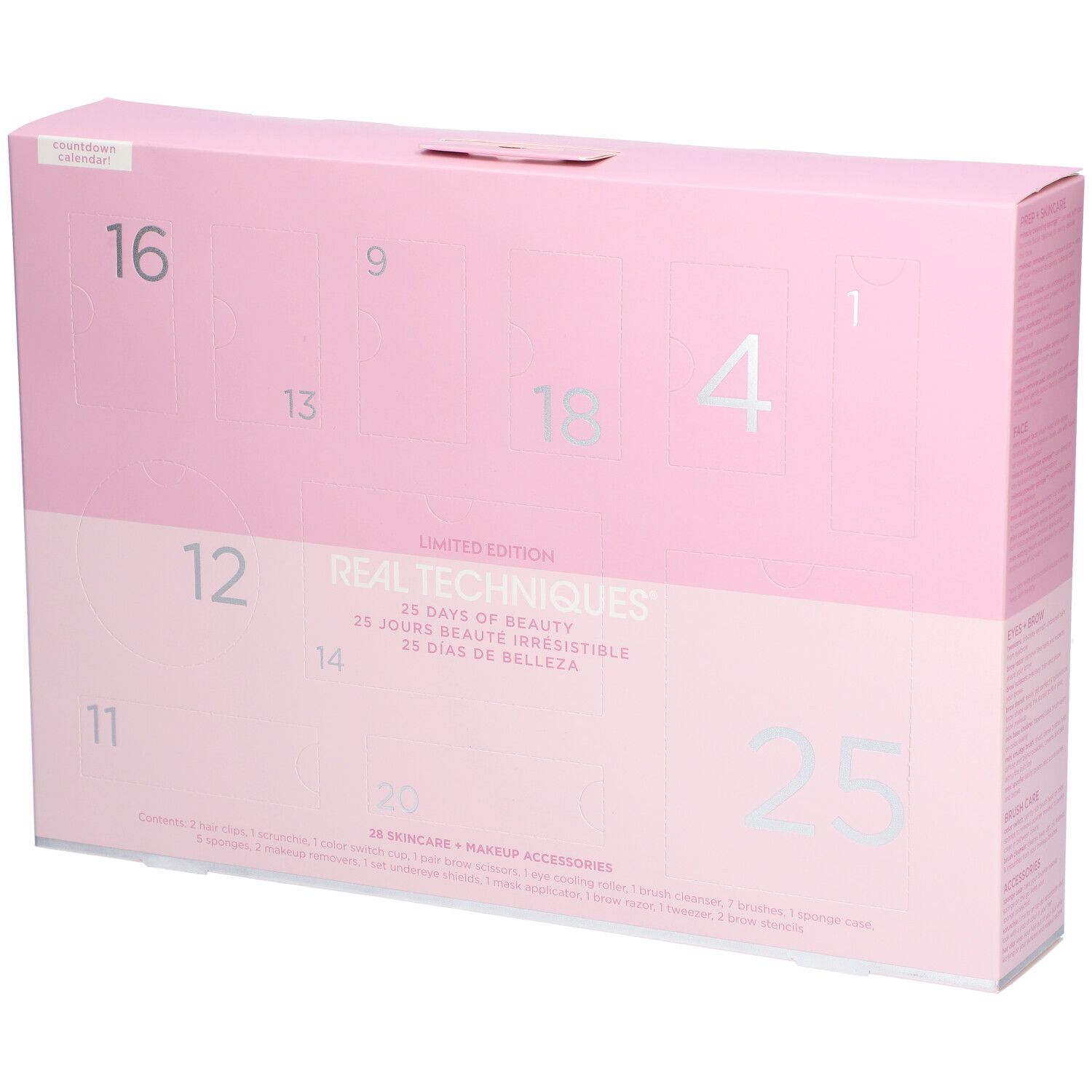 Rosa Adventskalender-Box mit silbernen Zahlen. "REAL TECHNIQUES" und "25 Tage Schönheit" Text.