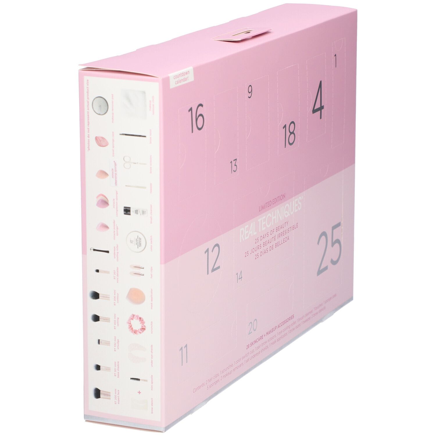 Rosa Adventskalender-Box mit silbernen Zahlen. "REAL TECHNIQUES" und "25 Tage Schönheit" Text. Produktabbildungen auf der Seite.