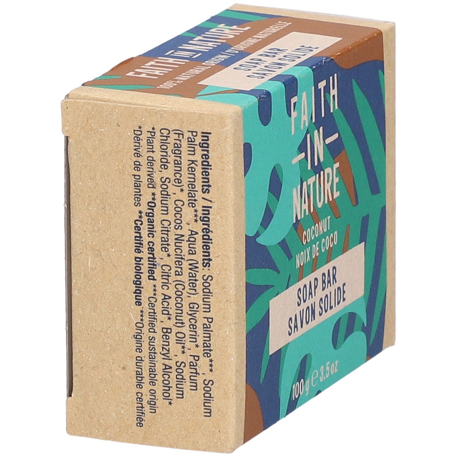 Kartonverpackung mit Zutatenliste. FAITH IN NATURE, Kokosnuss. Aufschrift: Soap Bar, Savon Solide.