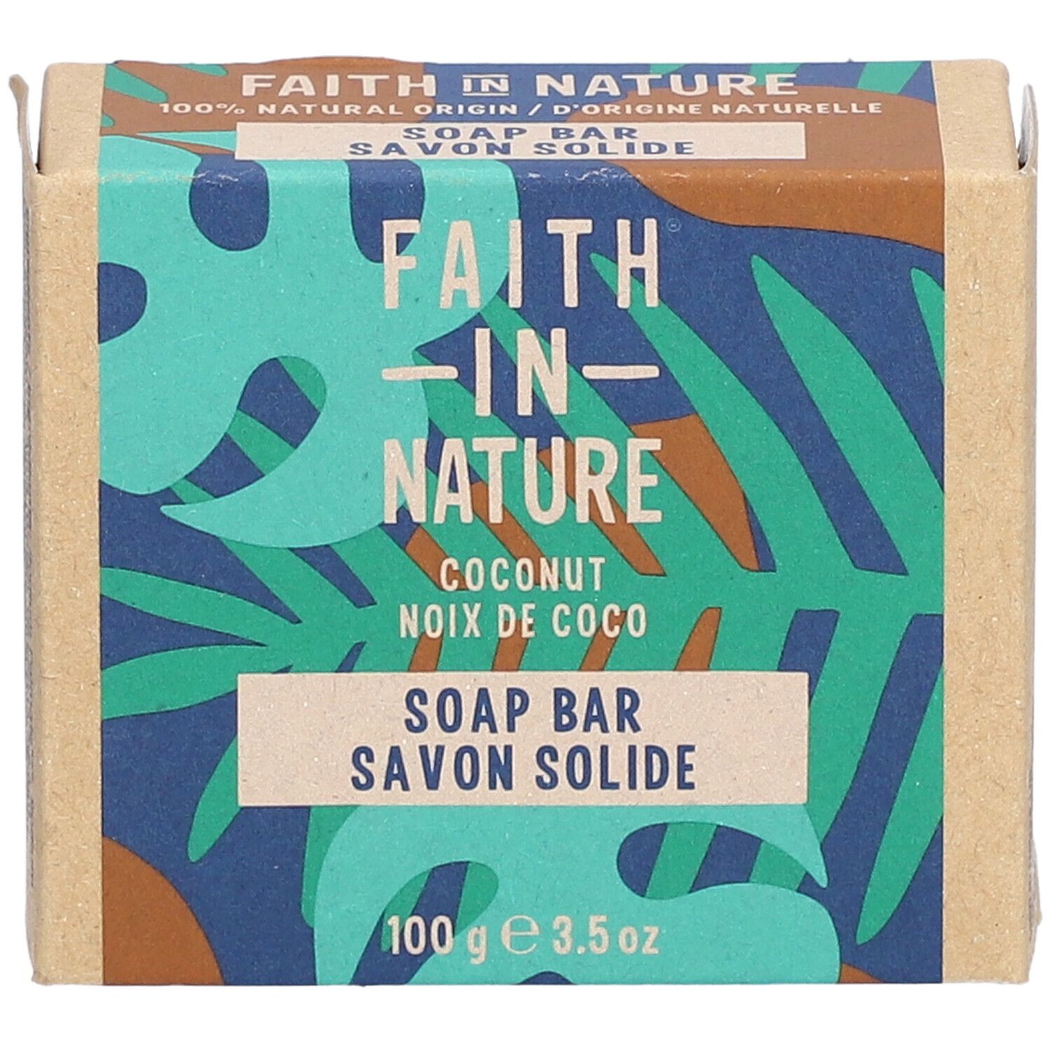 Kartonverpackung mit FAITH IN NATURE, Kokosnuss. Aufschrift: Soap Bar, Savon Solide. 100 g.