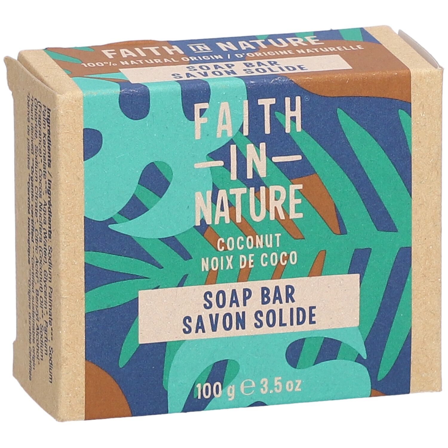 Kartonverpackung mit FAITH IN NATURE, Kokosnuss. Aufschrift: Soap Bar, Savon Solide. 100 g. Zutatenliste.