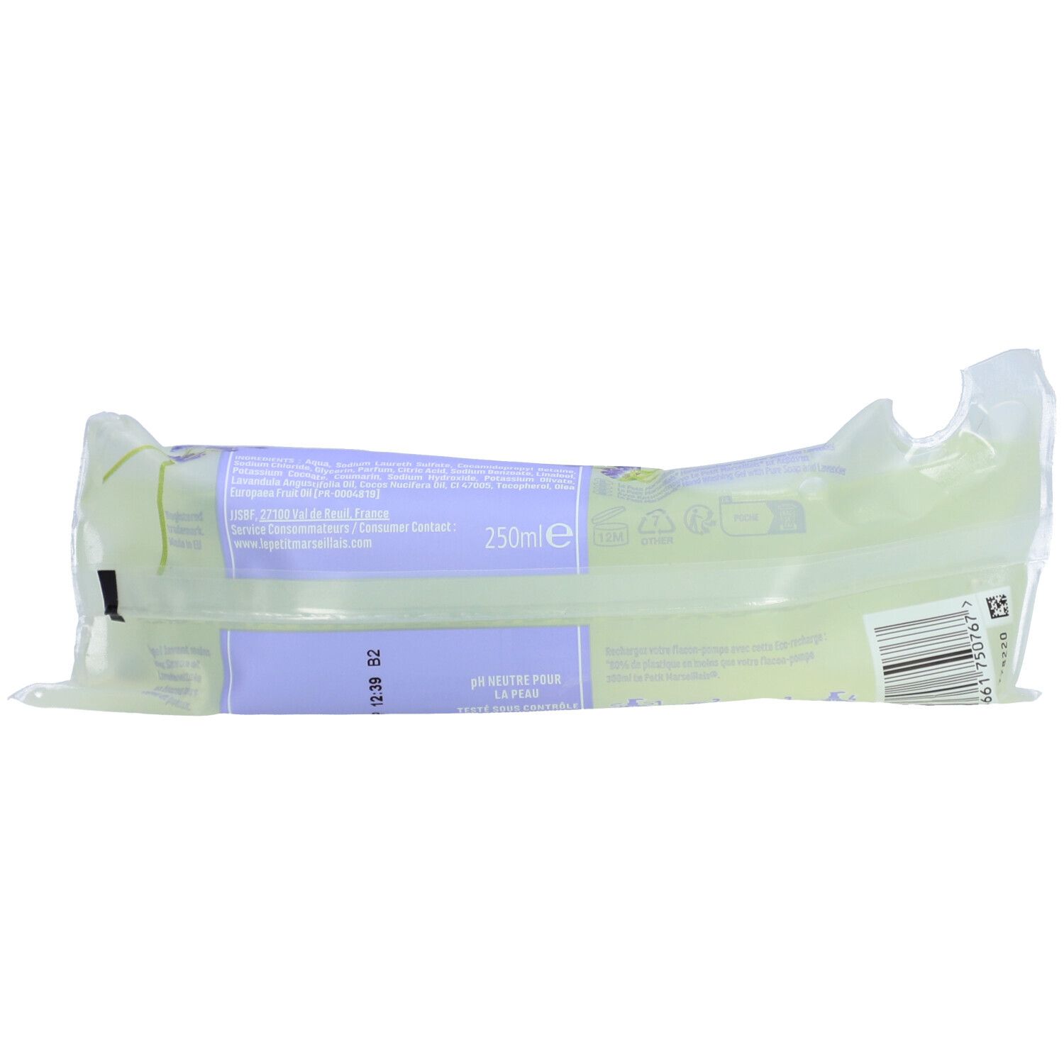 Dos de l'emballage. Texte: 250ml, pH neutre pour la peau. Code-barres et informations.